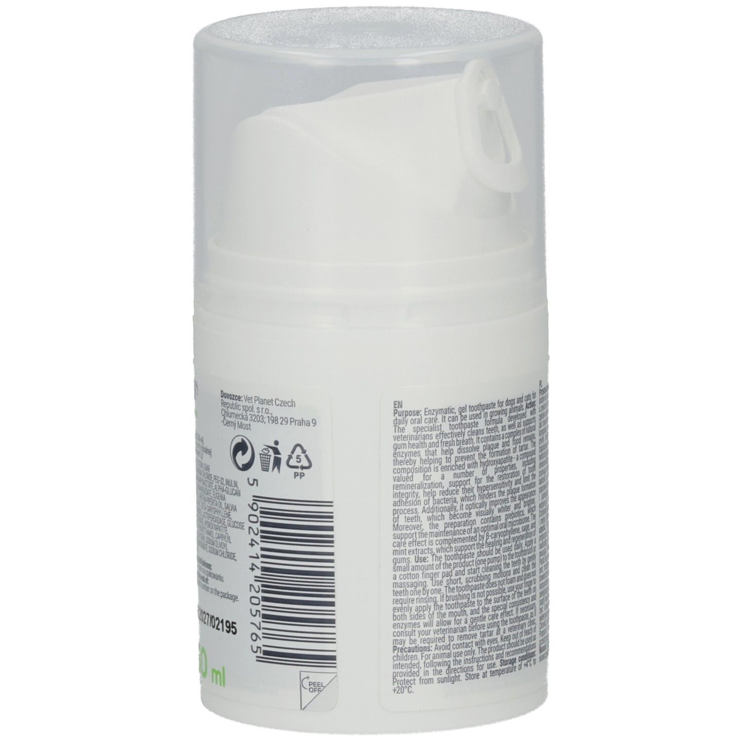 Zahncreme-Spender für Tiere. Weißer Behälter mit Text. Aufschrift: CARYODENT Enzymatische Zahnpasta. VET EXPERT. Seitenansicht.