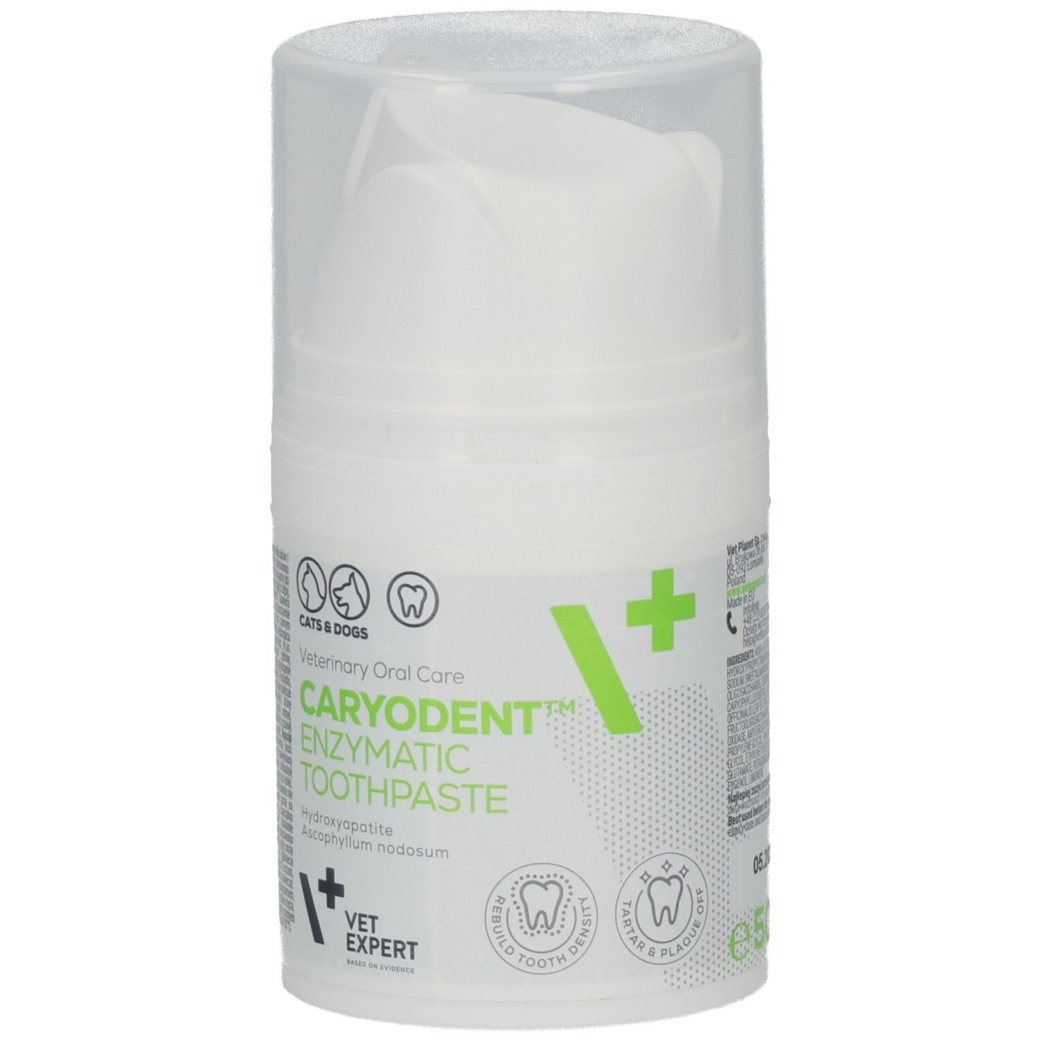 Zahncreme-Spender für Tiere. Weißer Behälter mit grünem Etikett. Aufschrift: CARYODENT Enzymatische Zahnpasta. VET EXPERT.