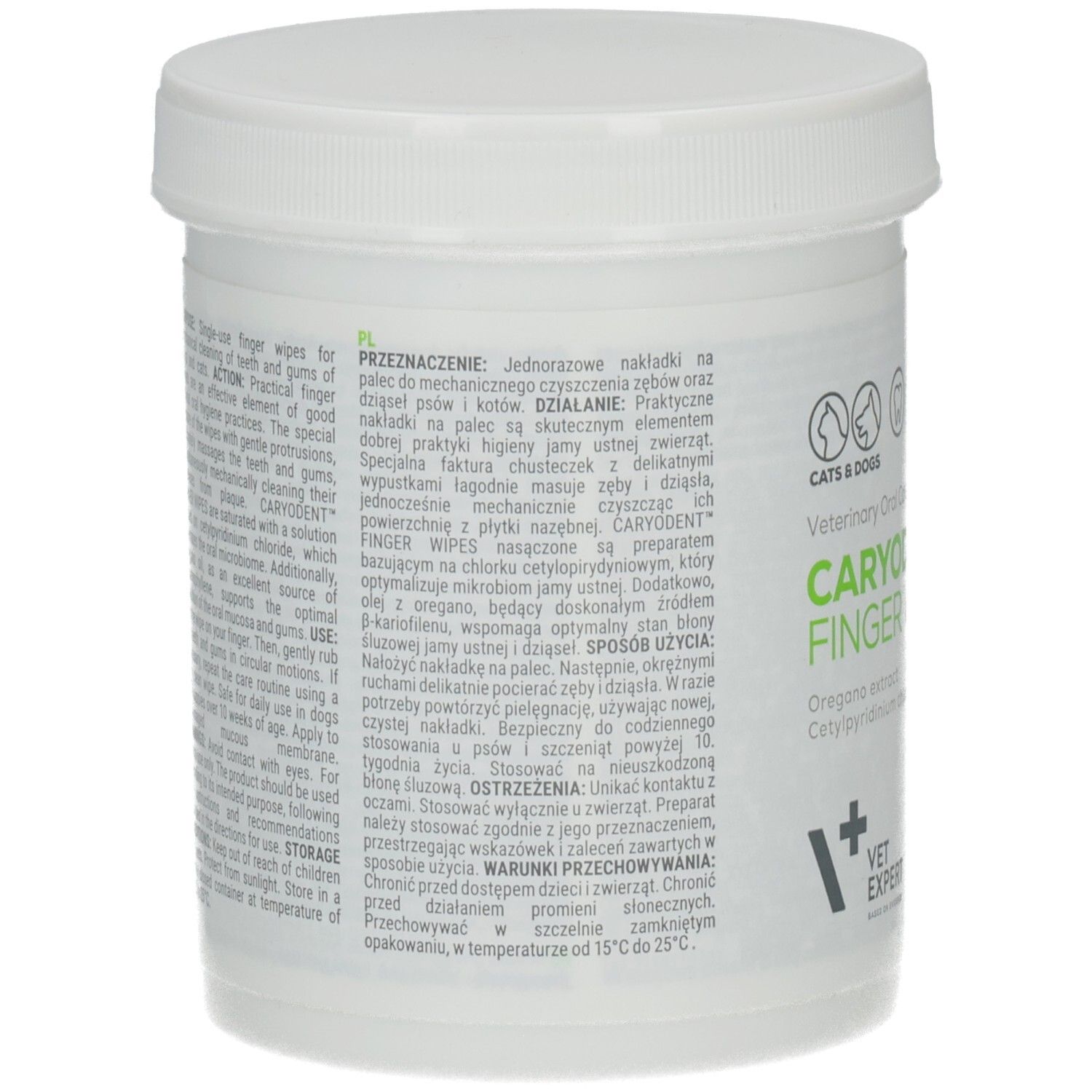 Weiße Dose mit Deckel. Text auf Polnisch. Logos für Katzen und Hunde. Aufschrift: CARYODENT Finger Wipes. Text über Anwendung und Inhaltsstoffe.