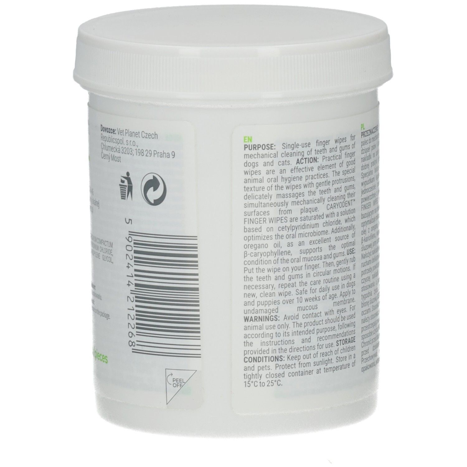 Weiße Dose mit Deckel. Text auf Polnisch. Logos für Katzen und Hunde. Aufschrift: CARYODENT Finger Wipes. Barcode und Recycling-Symbol.