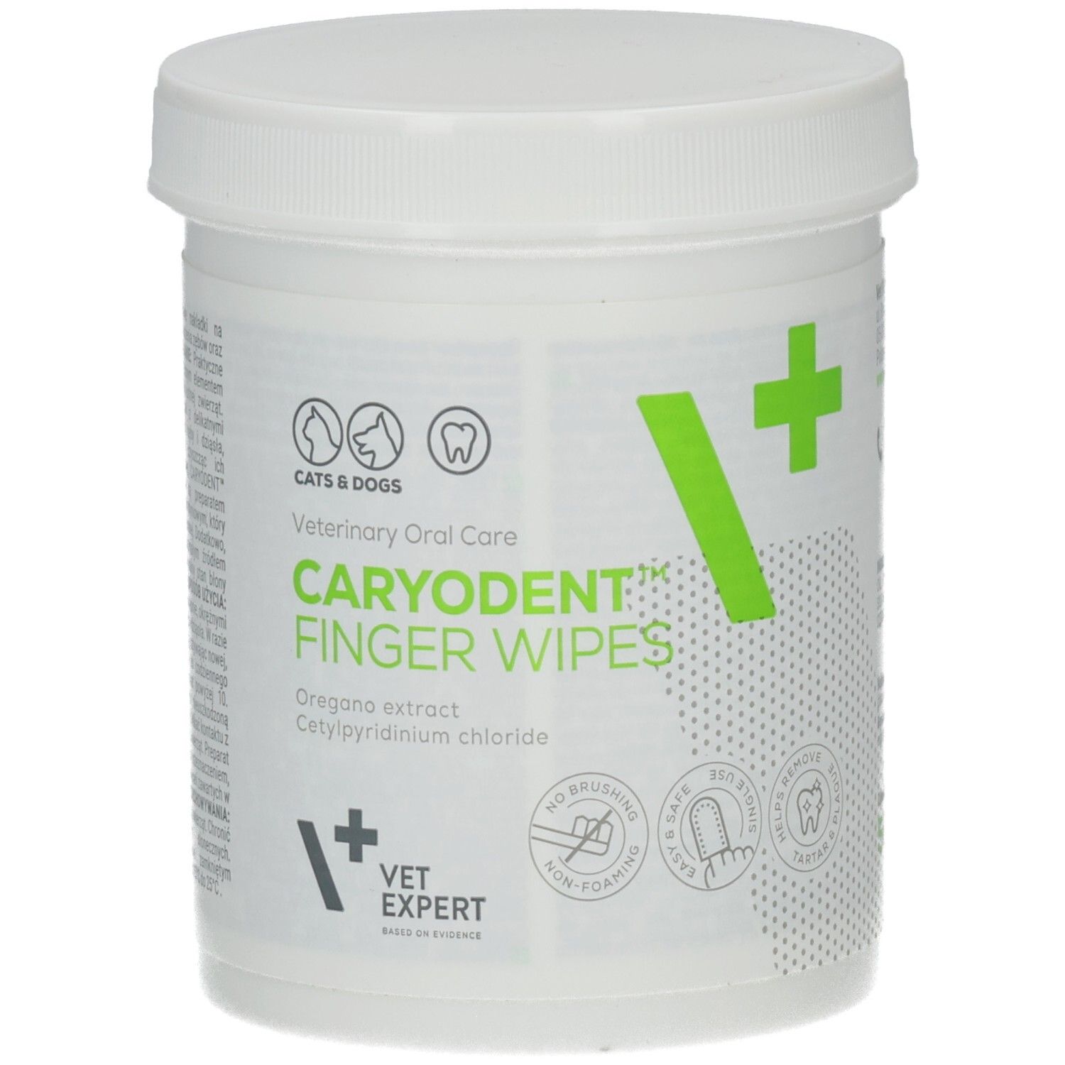 Weiße Dose mit Deckel. Aufschrift: CARYODENT Finger Wipes. Logos für Katzen und Hunde. Inhaltsstoffe: Oregano-Extrakt, Cetylpyridiniumchlorid.