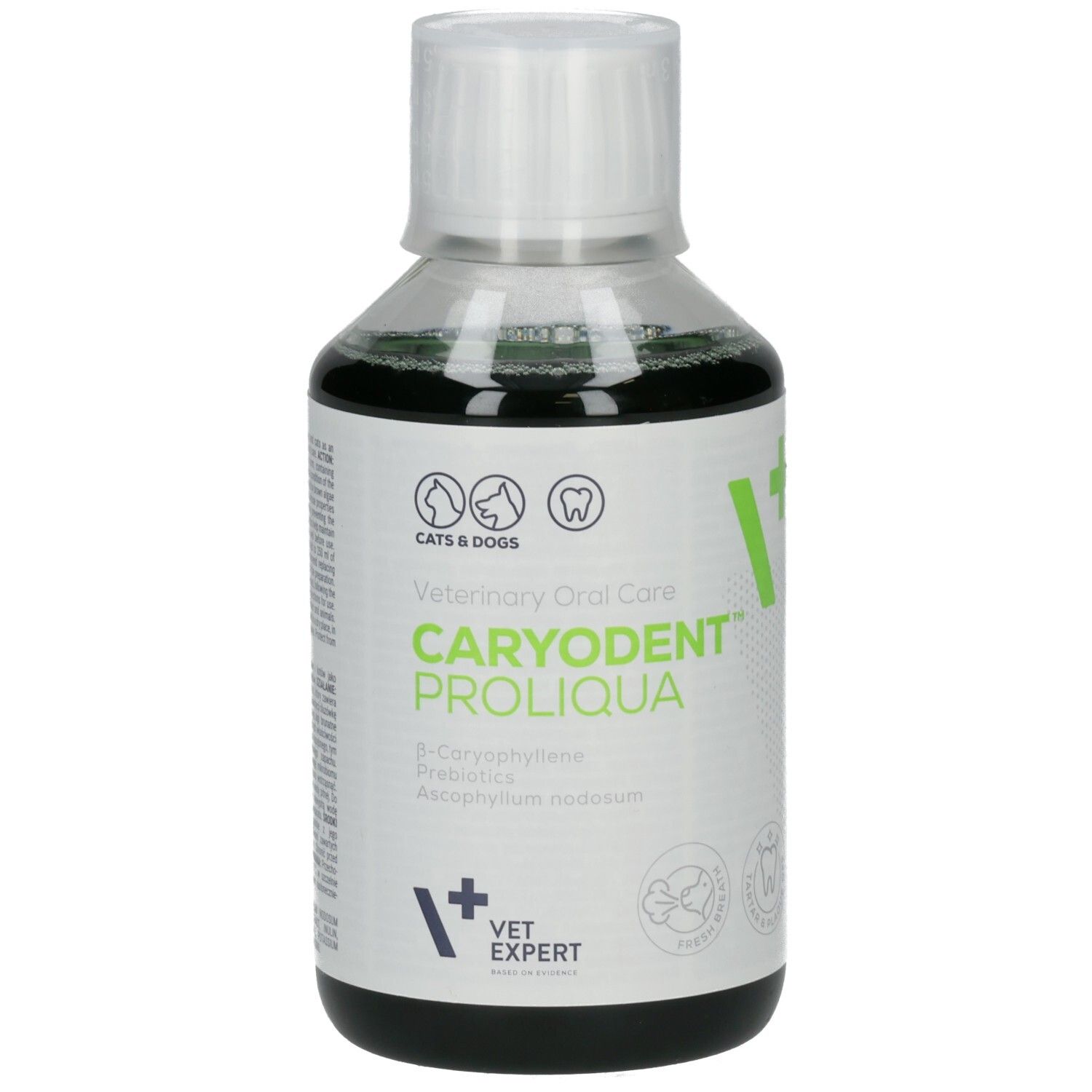Flüssigkeit in einer Flasche. Aufschrift: Caryodent Proliqua, VET EXPERT. Für Katzen und Hunde.