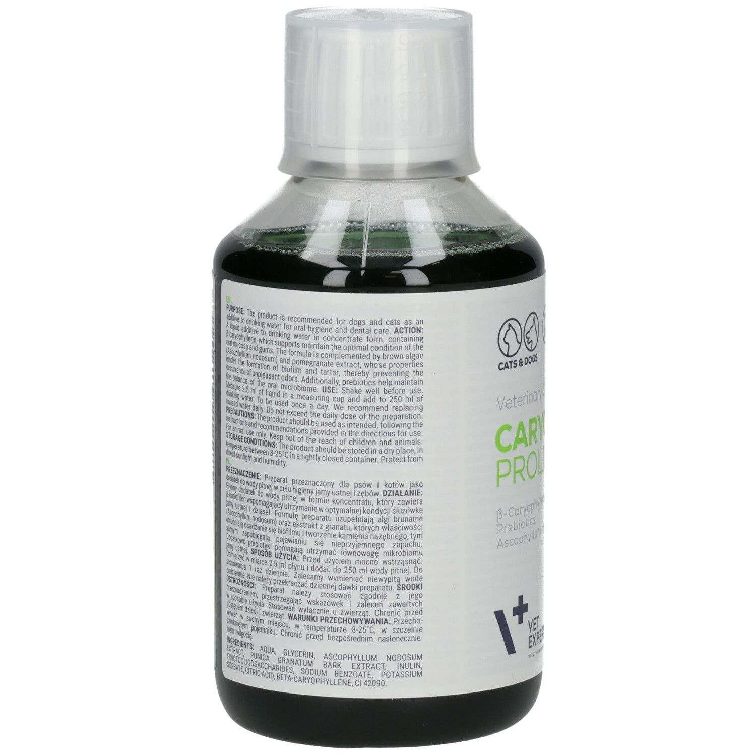 Rückseite einer Flasche mit Flüssigkeit. Text: Caryodent Proliqua. Informationen zur Anwendung und Inhaltsstoffe.