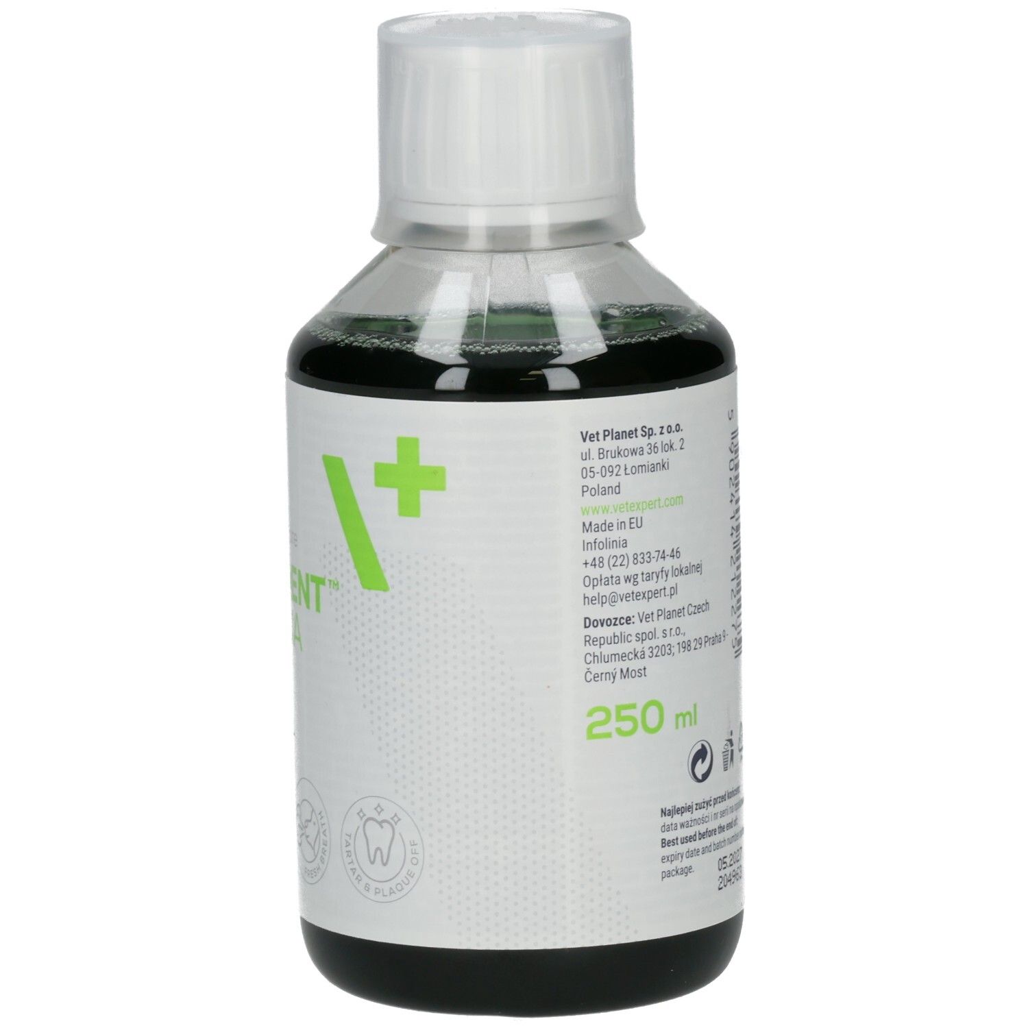 Flüssigkeit in einer Flasche. Aufschrift: Caryodent Proliqua, VET EXPERT. Für Katzen und Hunde.