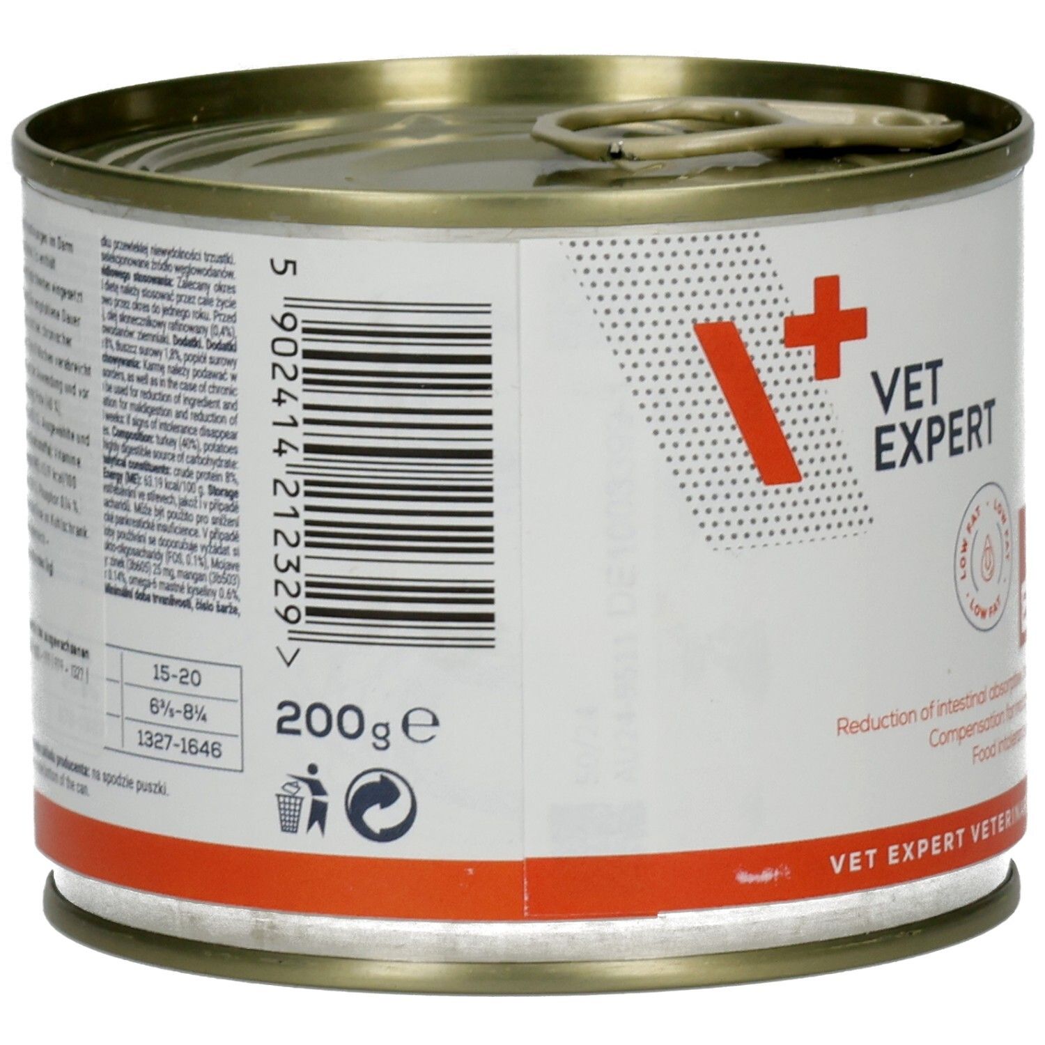 Hundefutterdose. Rückseite mit Barcode und Text. Aufschrift: VET EXPERT. Gewicht: 200g. Recycling-Symbole.