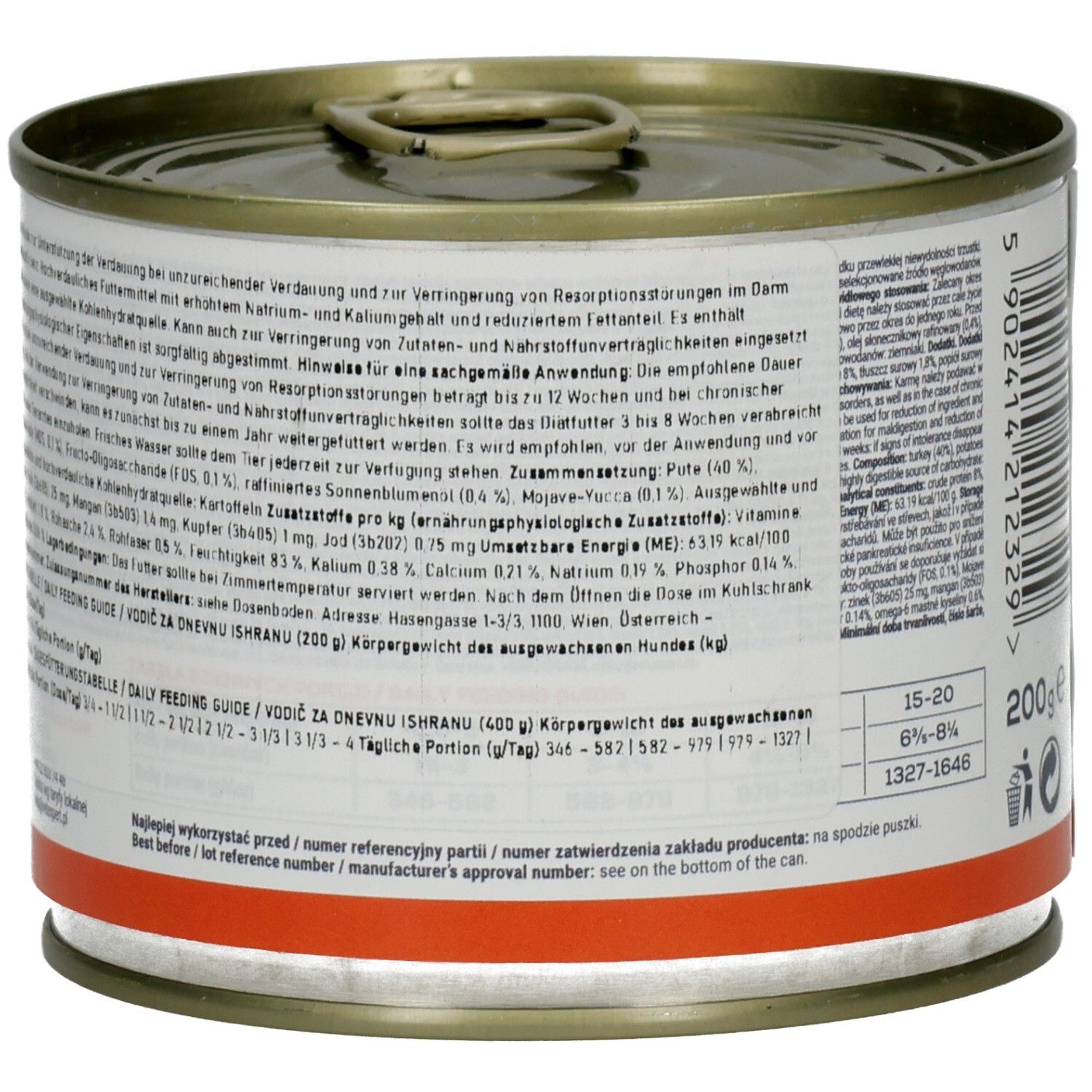 Hundefutterdose. Rückseite mit Text. Aufschrift: VET EXPERT. Gewicht: 200g. Fütterungsempfehlung.