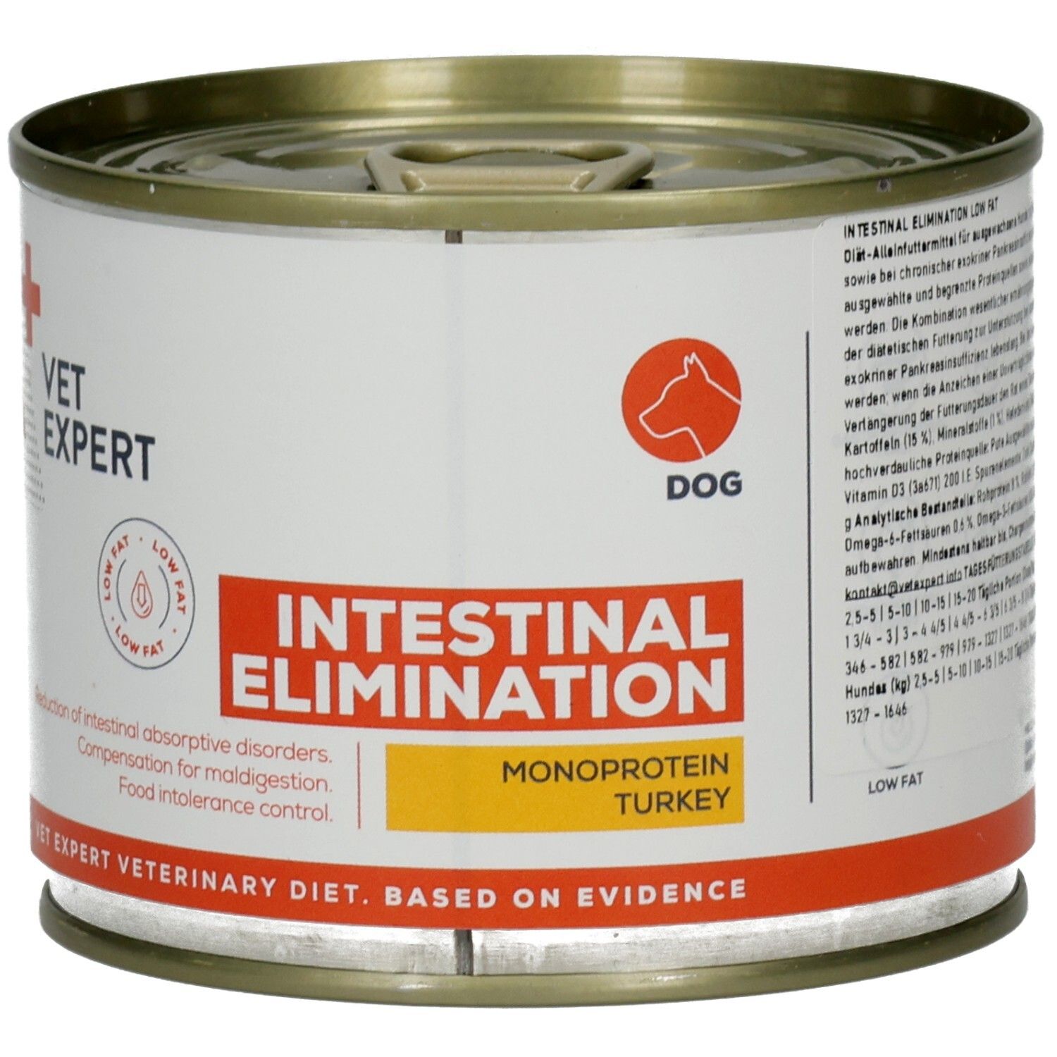 Hundefutterdose. Aufschrift: VET EXPERT, INTESTINAL ELIMINATION, MONOPROTEIN TURKEY. Rotes Kreuz-Logo. Low Fat.