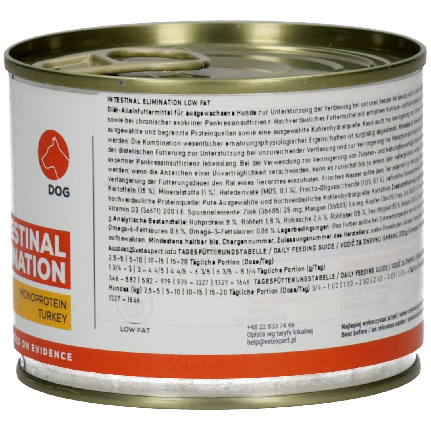 Hundefutterdose. Rückseite mit Text. Aufschrift: VET EXPERT. Fütterungsempfehlung. Low Fat.