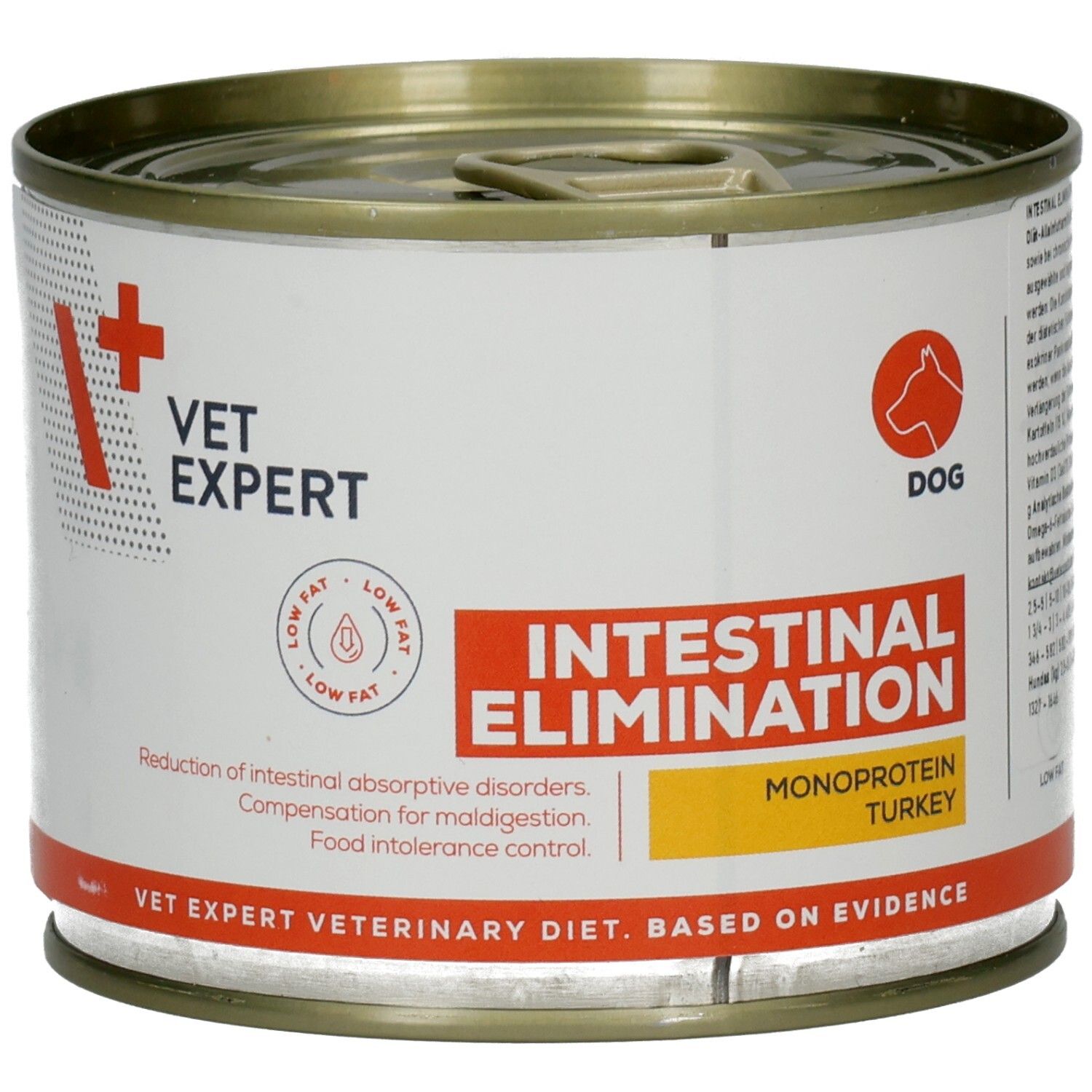 Dose Hundefutter. Aufschrift: VET EXPERT, INTESTINAL ELIMINATION, MONOPROTEIN TURKEY. Rotes Kreuz-Logo. Low Fat.