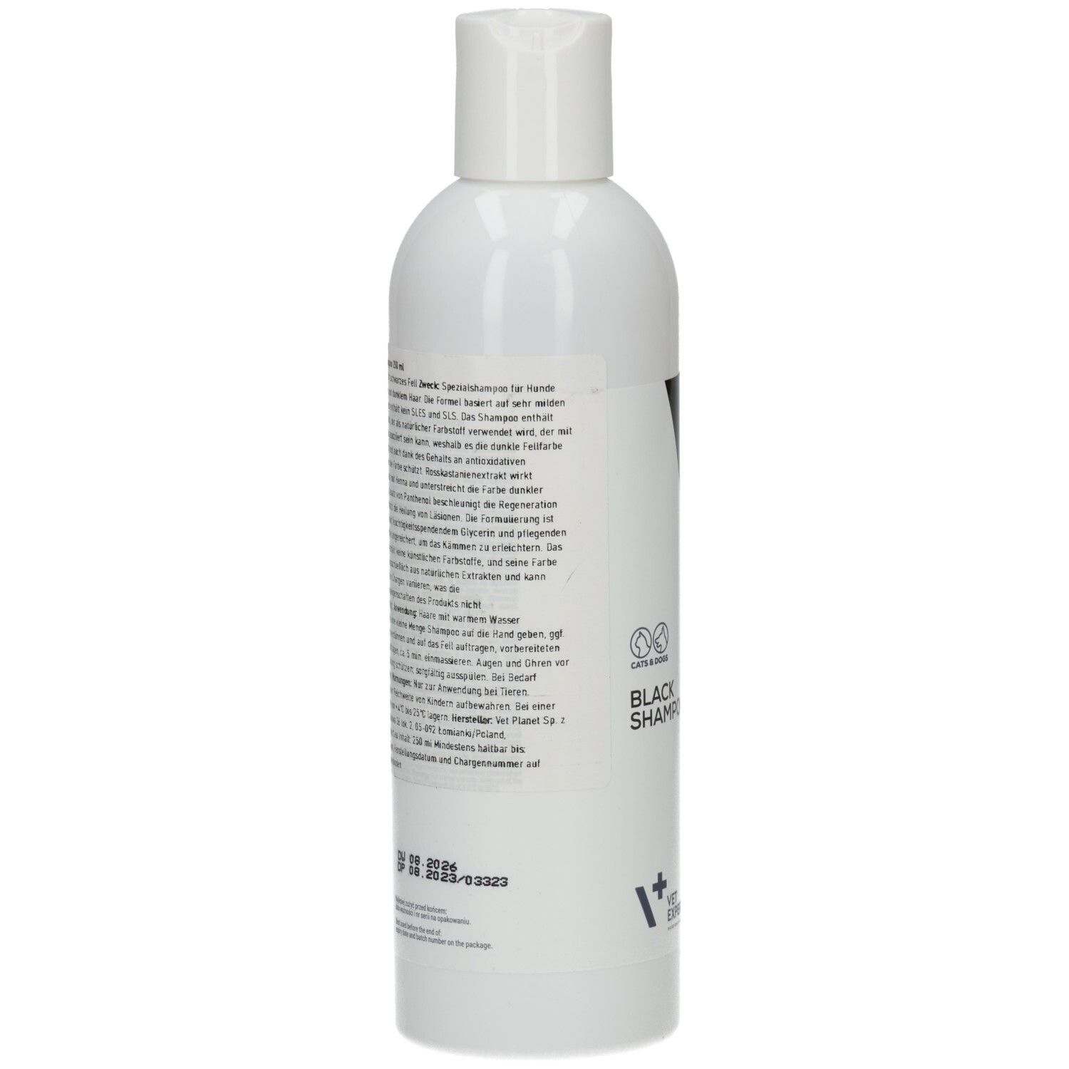 Weiße Flasche mit Text. Rückseite. Aufschrift: Black Shampoo, VET EXPERT.