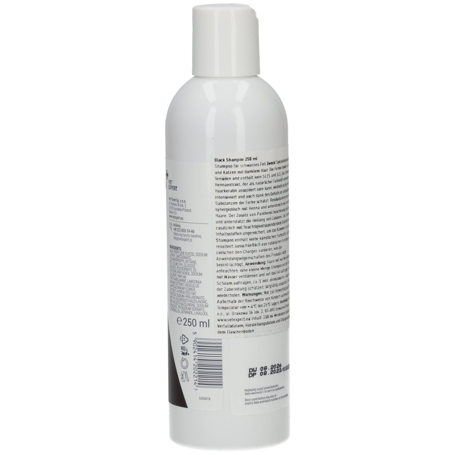 Weiße Flasche mit Text und Barcode. Rückseite. Aufschrift: Black Shampoo, VET EXPERT, 250 ml.