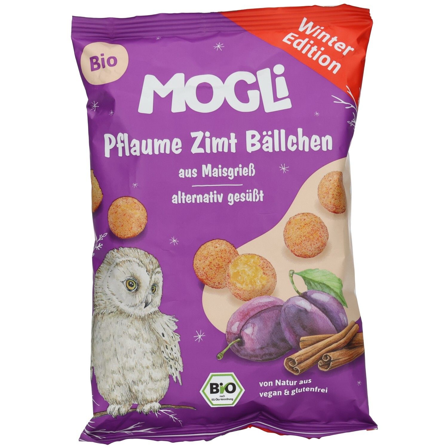 Violette Tüte mit Aufschrift MOGLI. Produktname: Pflaume Zimt Bällchen. Bio-Siegel. Winter Edition. Abbildung von Pflaumen, Zimtstangen und Eule.