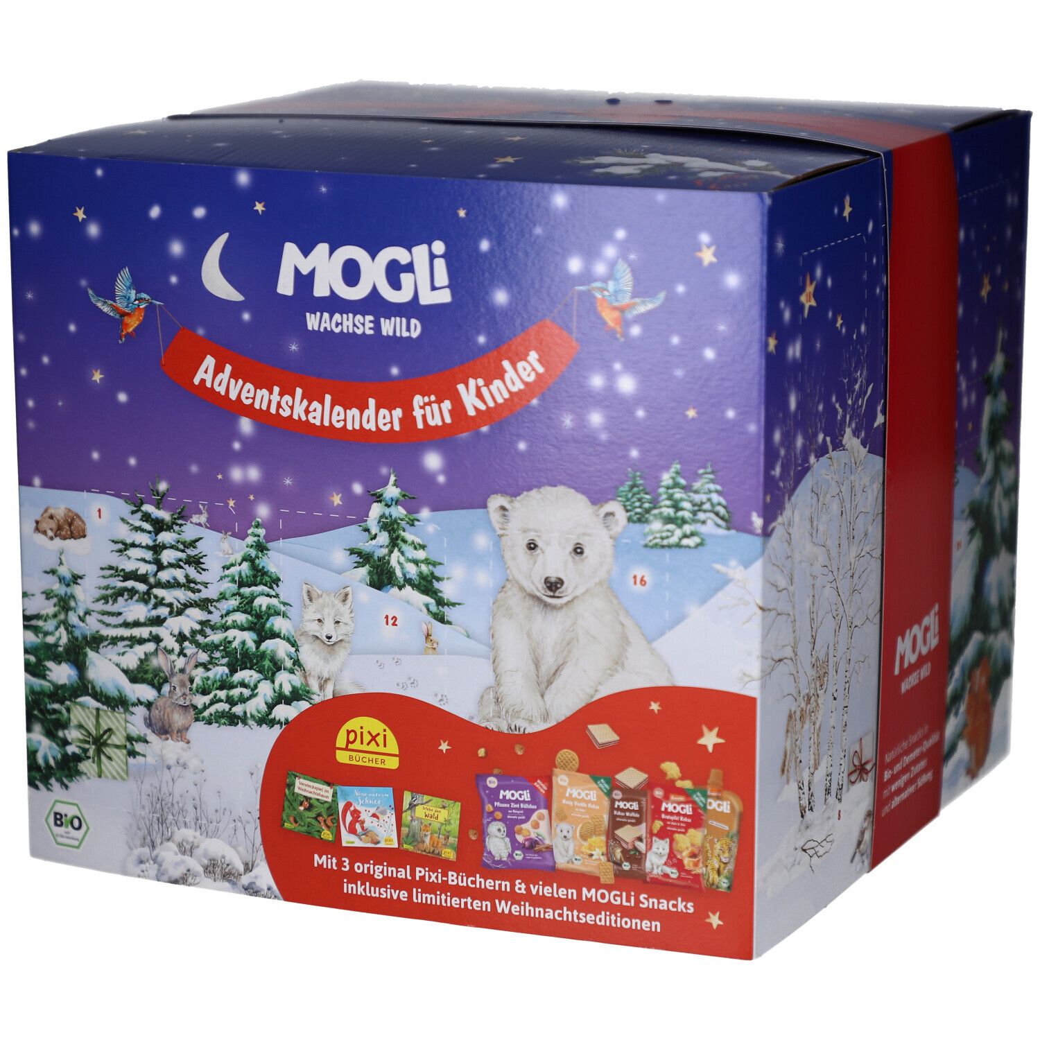 Adventskalender für Kinder. Verpackung mit Winterlandschaft, Eisbär, Fuchs, Hase. Enthält Pixi-Bücher und Snacks. Bio-Zertifizierung.