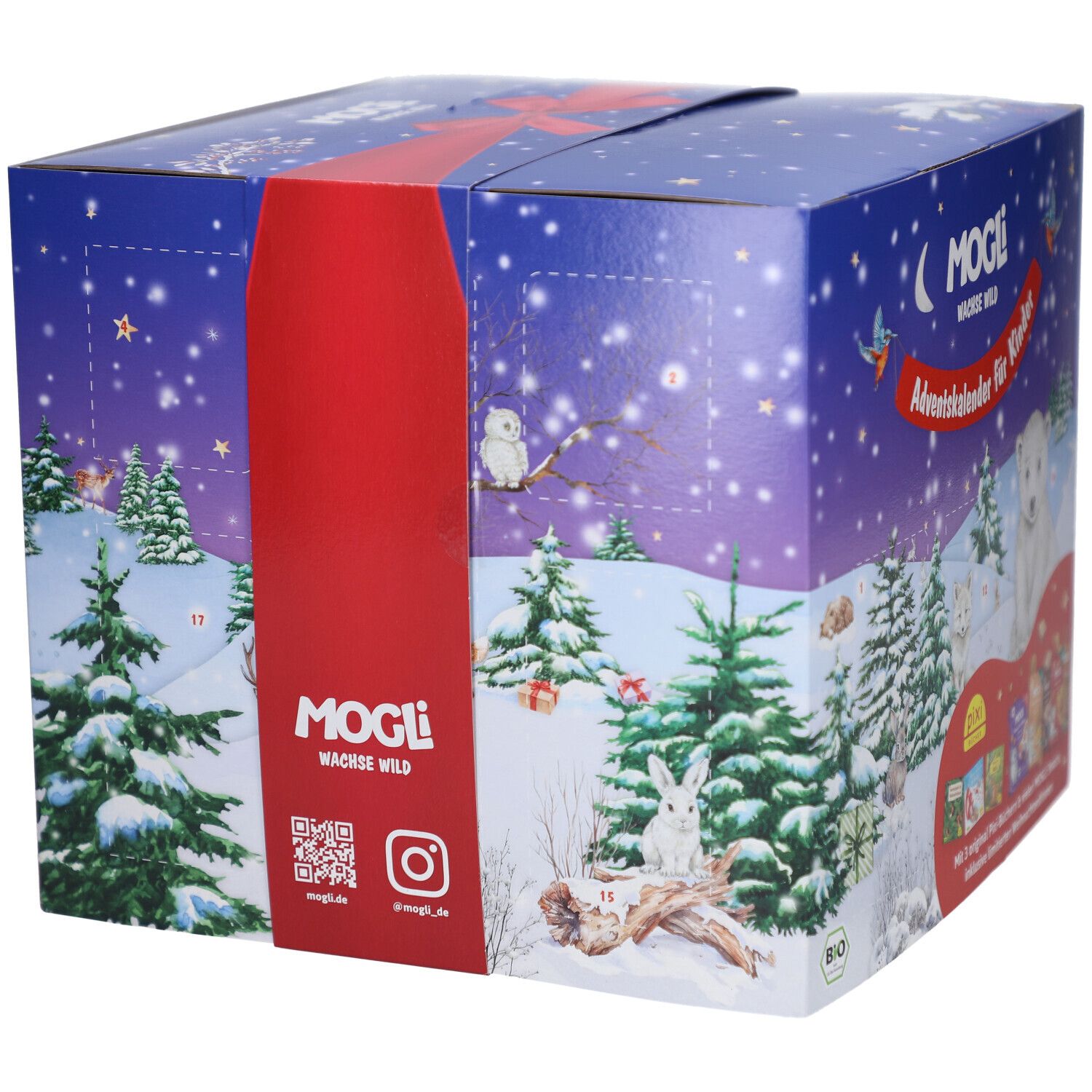 Adventskalender-Verpackung mit Winterlandschaft, Bäumen, Hase, Eule. Logo MOGLi. QR-Code und Instagram-Logo. Rote Schleife.