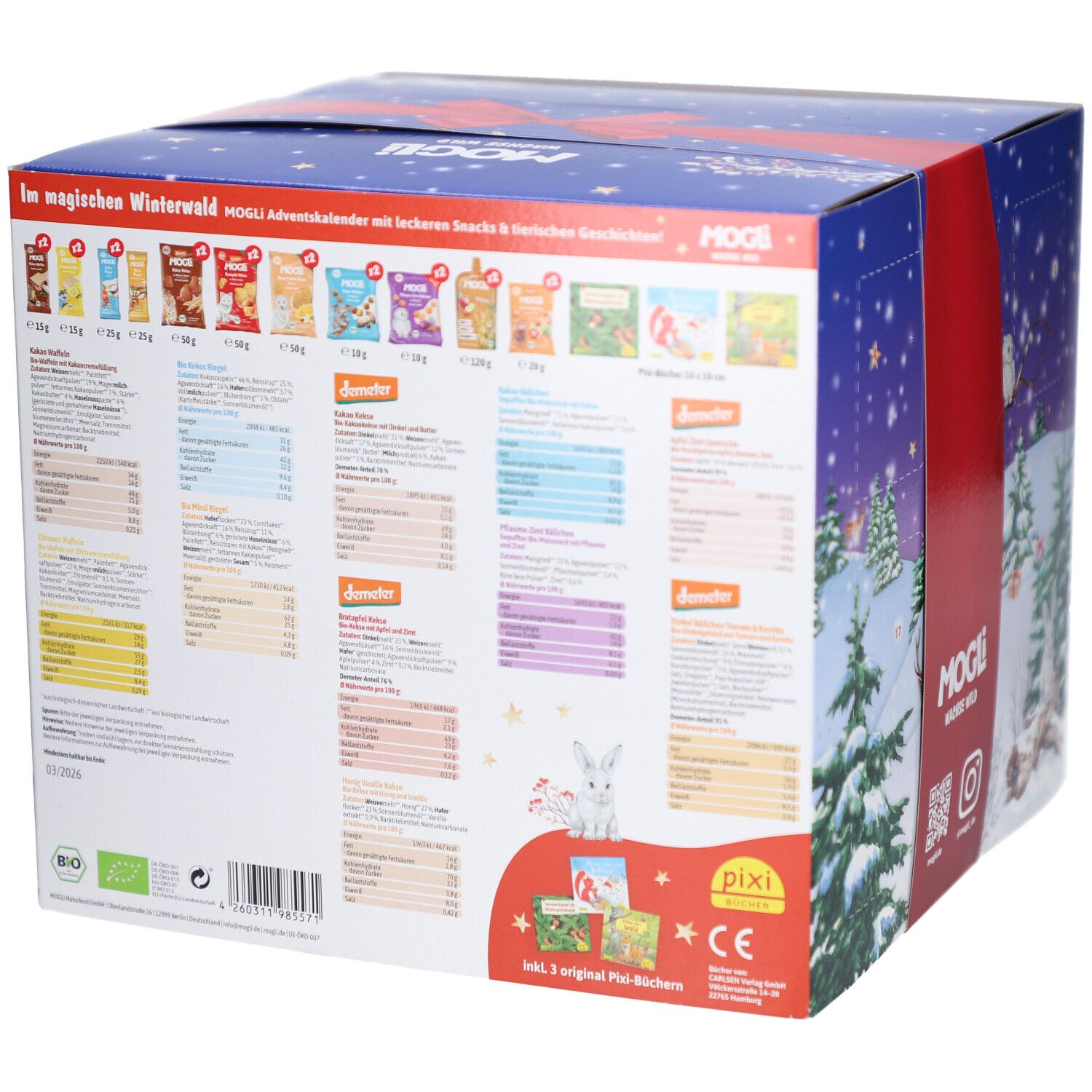 Rückseite des Adventskalenders. Auflistung von Inhaltsstoffen und Nährwerten. Pixi-Bücher abgebildet. Bio-Zertifizierung.