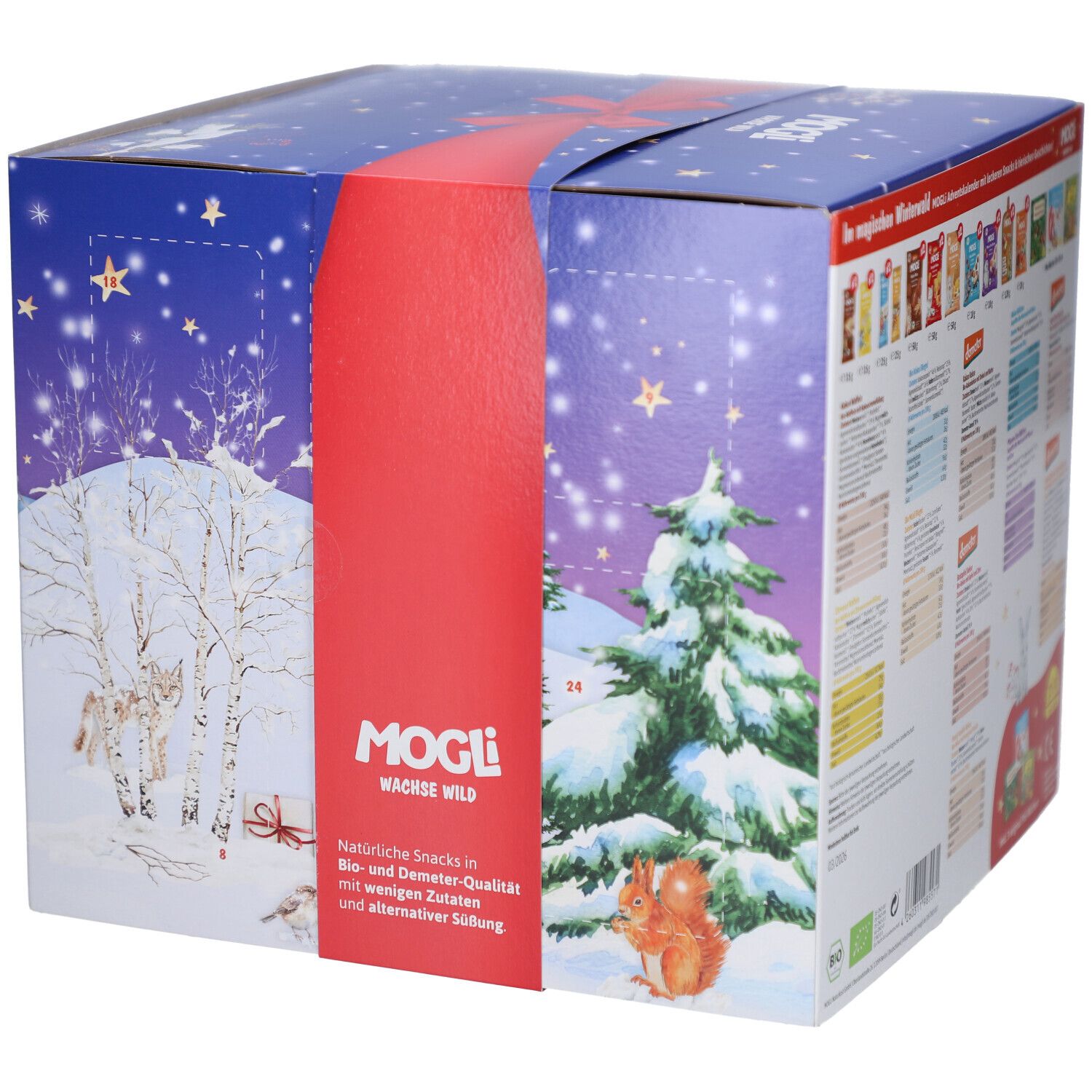 Adventskalender-Verpackung mit Winterlandschaft, Fuchs, Eichhörnchen. Logo MOGLi. Rote Schleife. Bio-Zertifizierung.
