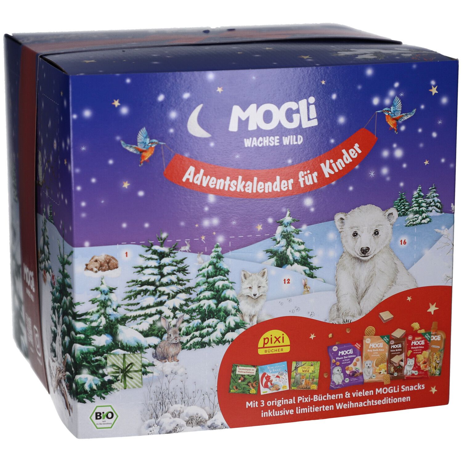 Adventskalender für Kinder. Verpackung mit Winterlandschaft, Eisbär, Fuchs, Hase. Enthält Pixi-Bücher und Snacks. Bio-Zertifizierung.