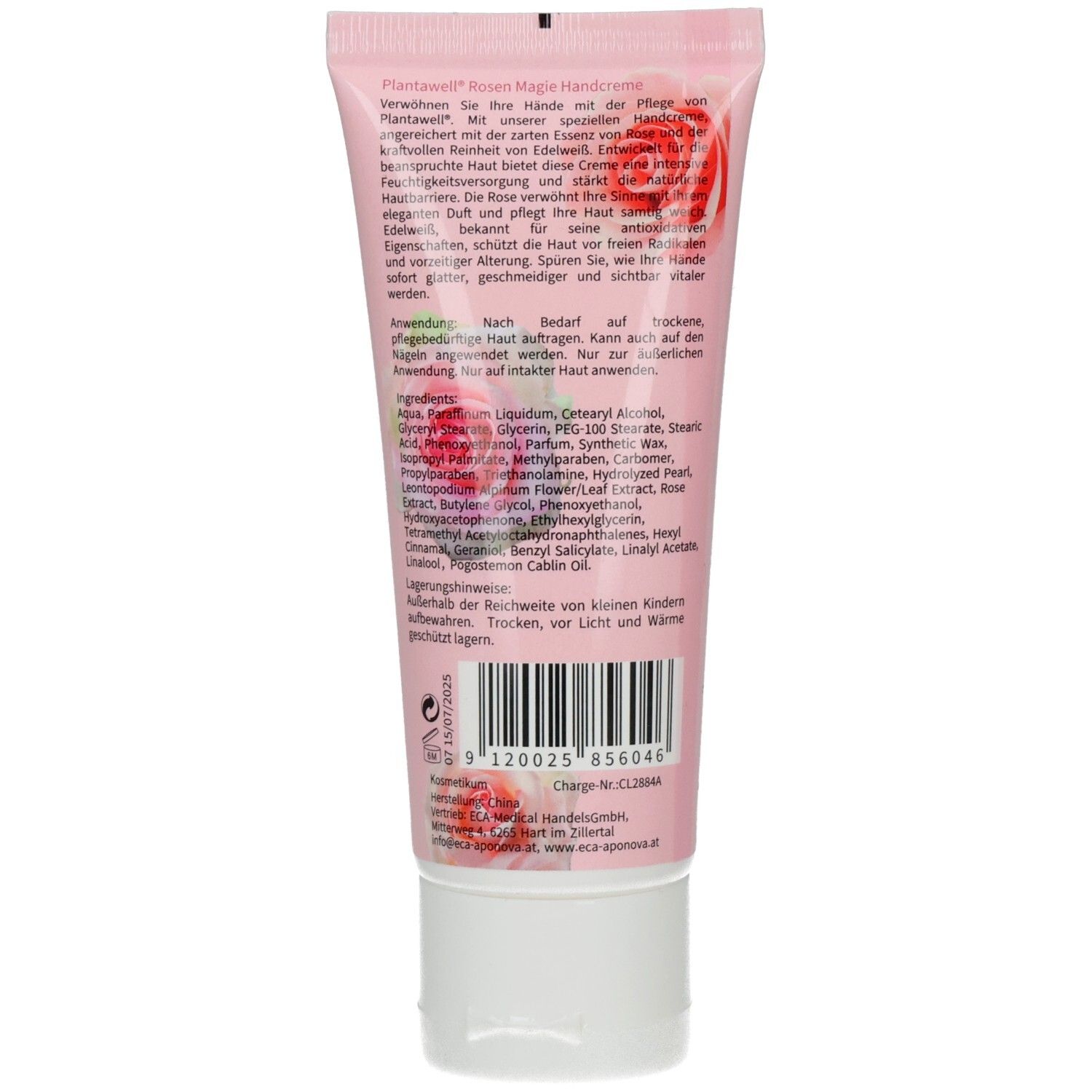 Rückseite der rosa Tube PLANTAWELL Handcreme. Text mit Inhaltsstoffen und Anwendungshinweisen. Barcode und Chargennummer.