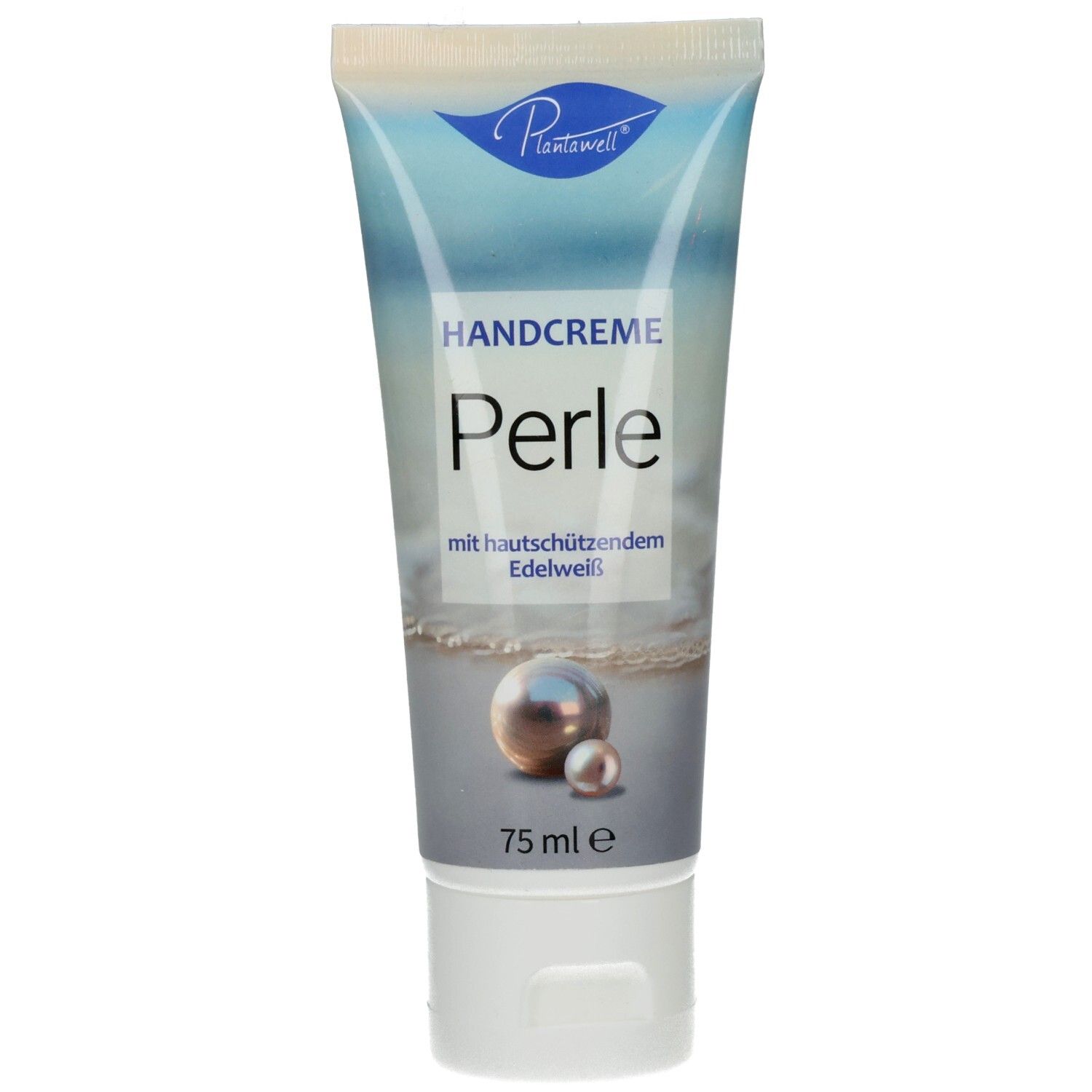 Plantawell Handcreme Perle Tube. Hellblaue Tube mit Produktnamen und Perlen-Illustration. 75 ml.