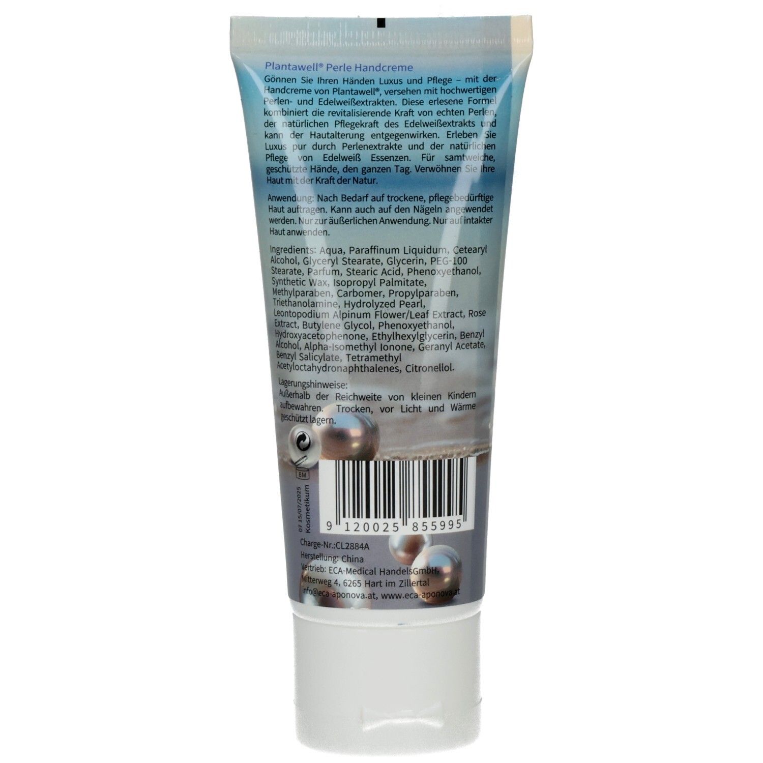 Rückseite der Plantawell Handcreme Perle Tube. Text und Inhaltsstoffe. Barcode und Perlen-Illustration.