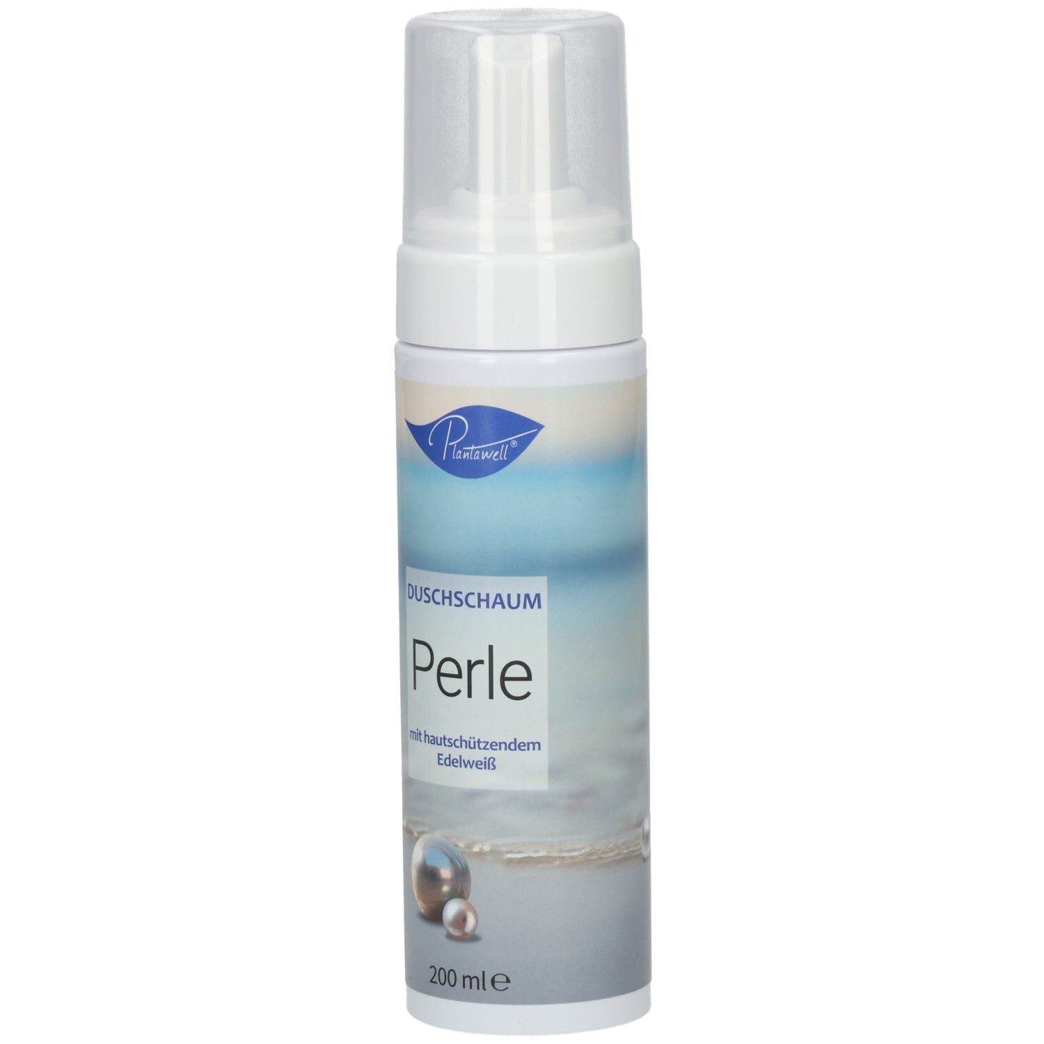 Weiße Flasche mit Sprühkopf. Aufschrift: Duschschaum Perle. Logo und Abbildung von Perlen. 200 ml.