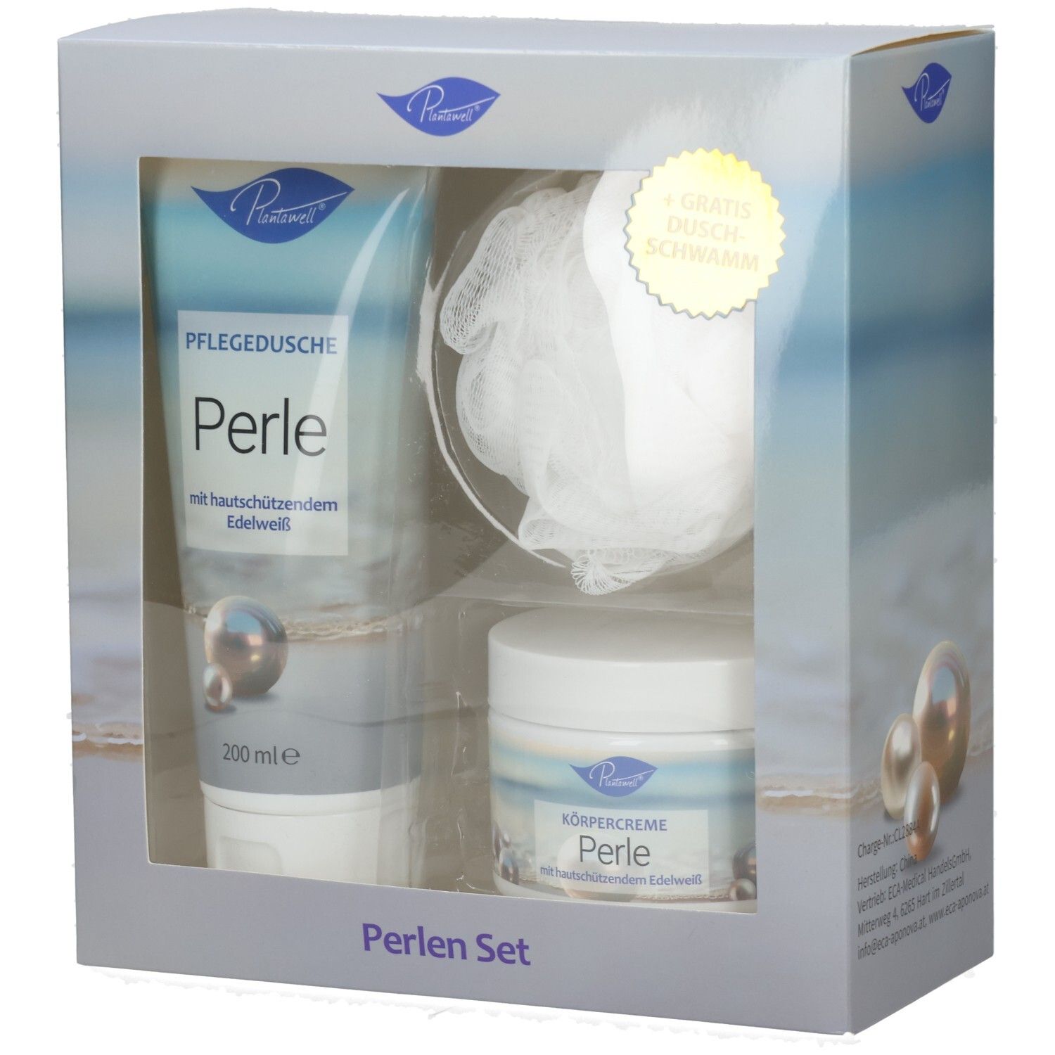 Geschenkset mit Duschgel, Körpercreme und Schwamm. Verpackung mit Sichtfenster. Produktnamen und Logo sichtbar.