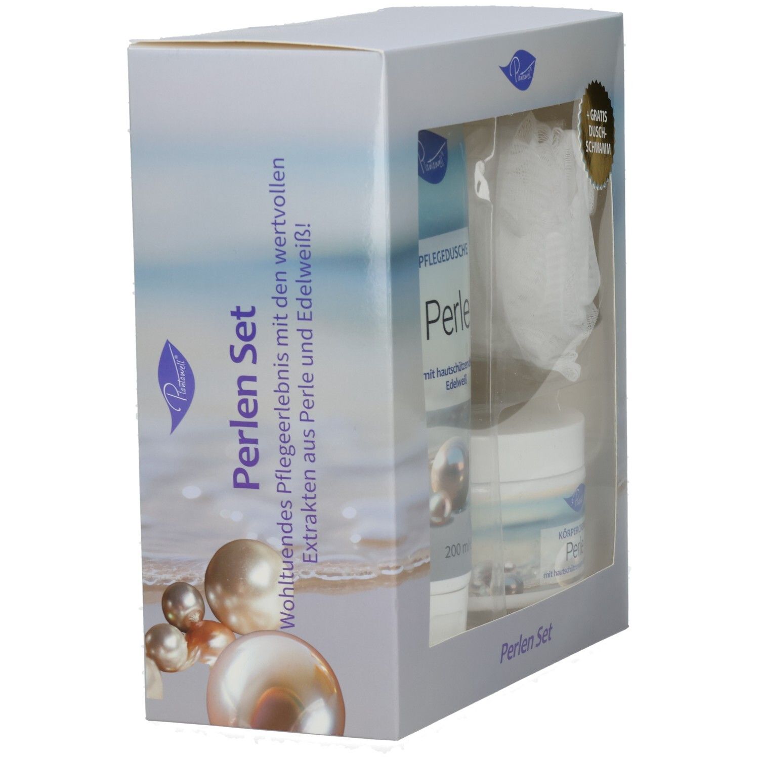 Geschenkset mit Duschgel, Körpercreme und Schwamm in einer Box. Produktnamen und Logo sichtbar.