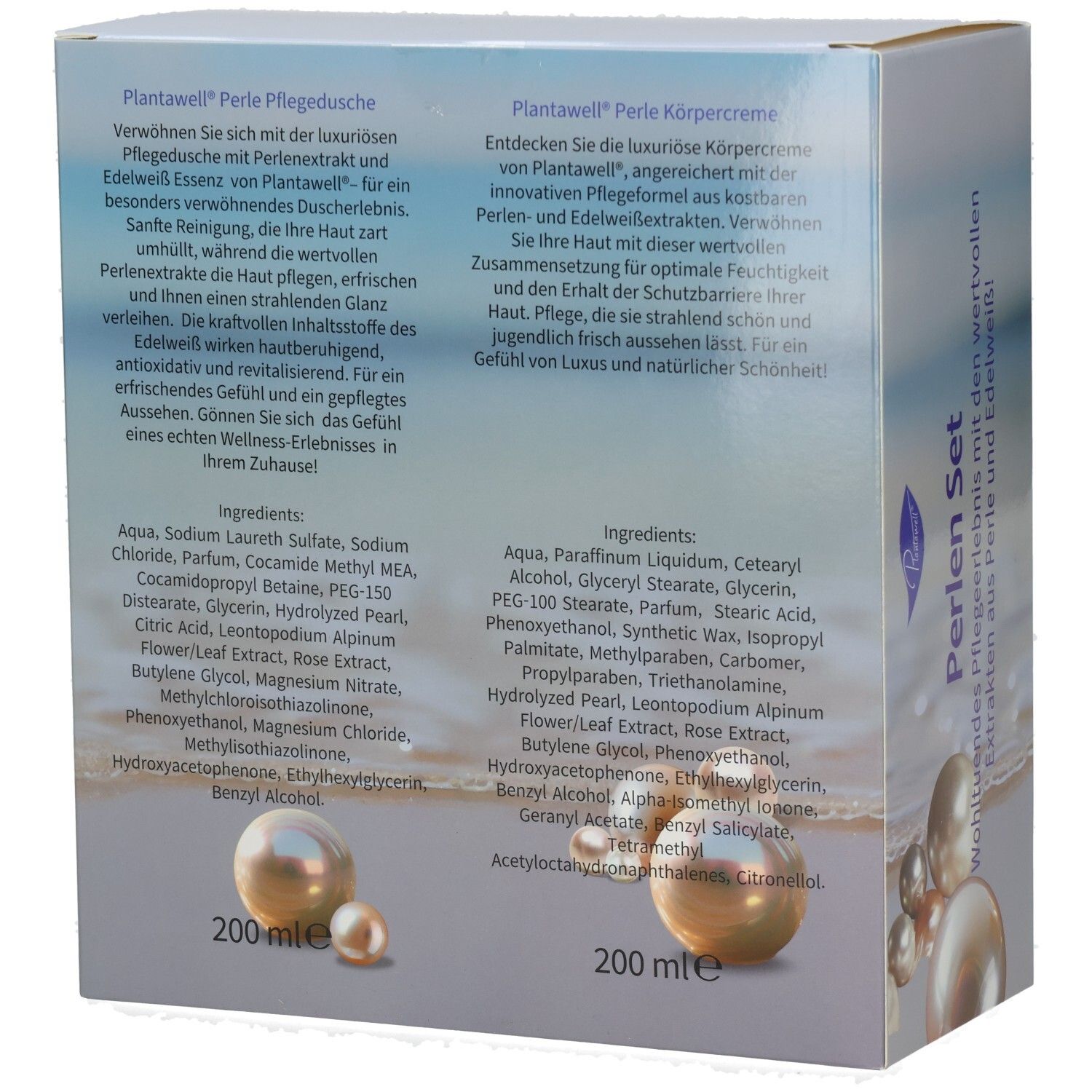 Rückseite der Geschenkbox mit Produktinformationen und Inhaltsstoffen. Text in deutscher Sprache.