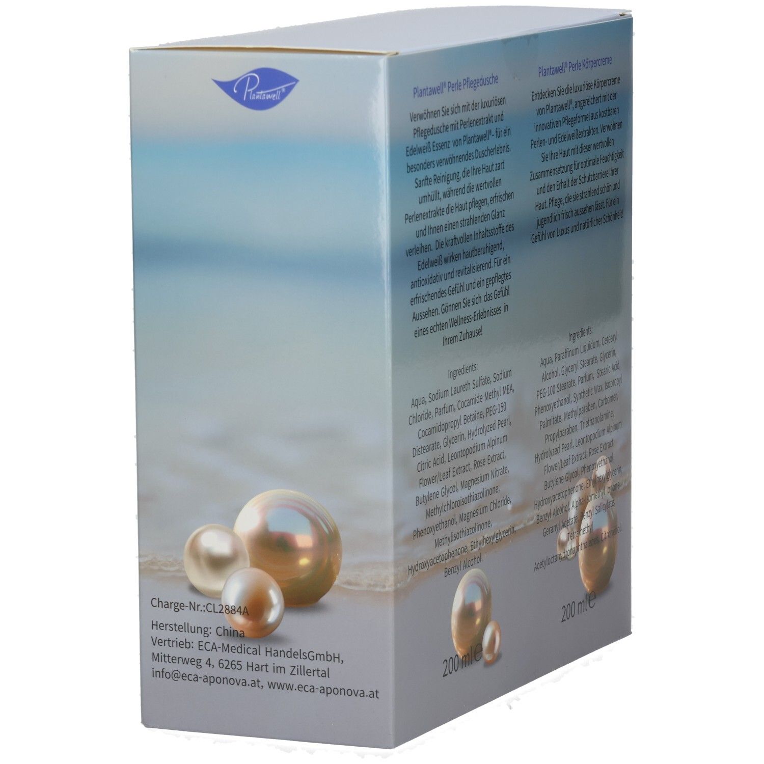 Rückseite der Geschenkbox mit Produktinformationen und Inhaltsstoffen. Text in deutscher Sprache.