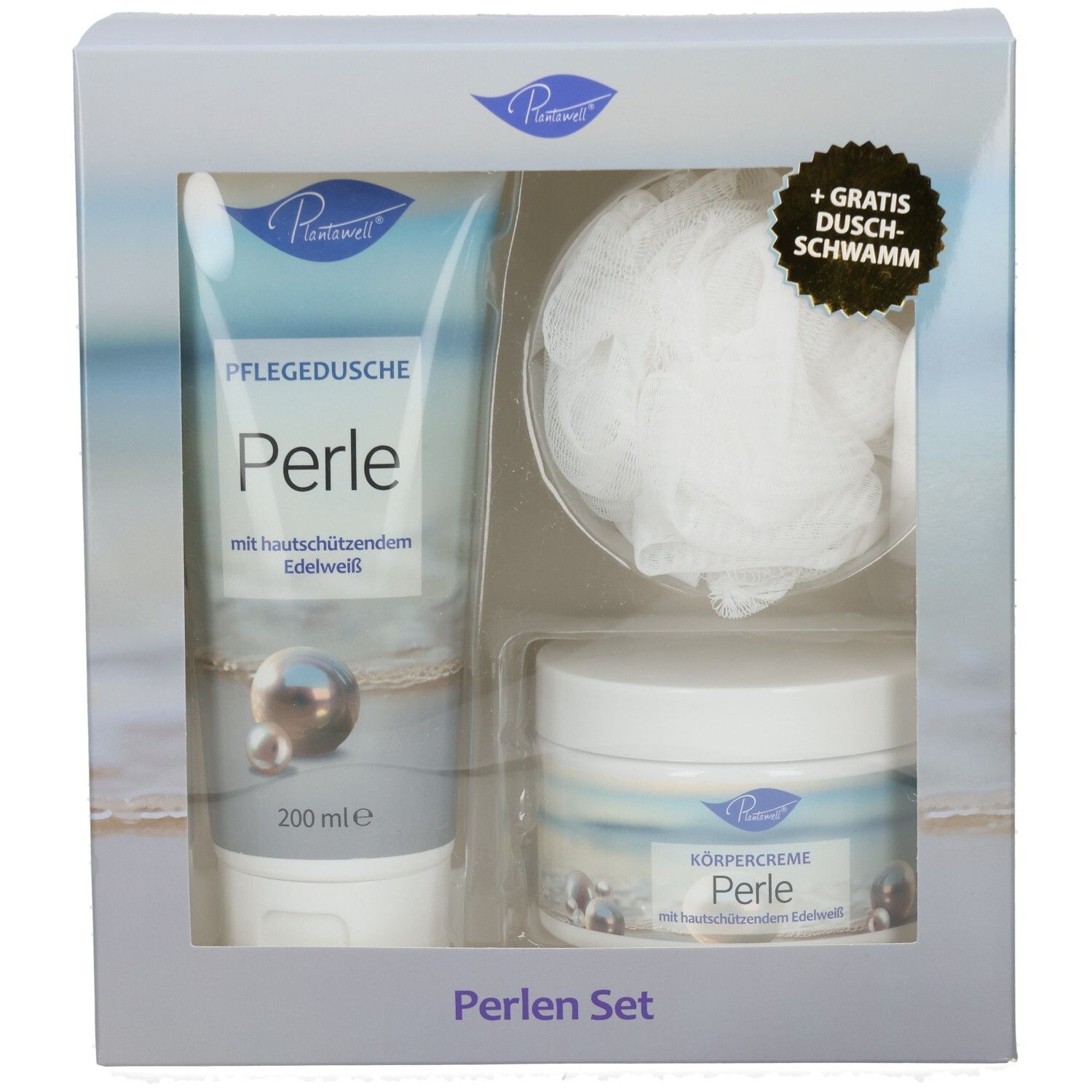 Geschenkset mit Duschgel, Körpercreme und Schwamm. Verpackung mit Sichtfenster. Produktnamen und Logo sichtbar.