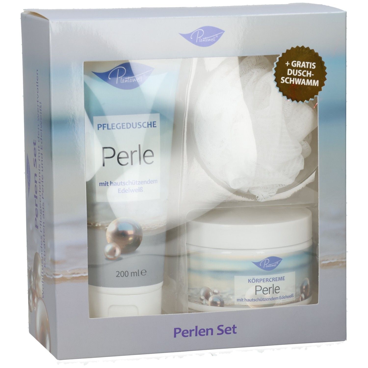 Geschenkset mit Duschgel, Körpercreme und Schwamm. Verpackung mit Sichtfenster. Produktnamen und Logo sichtbar.