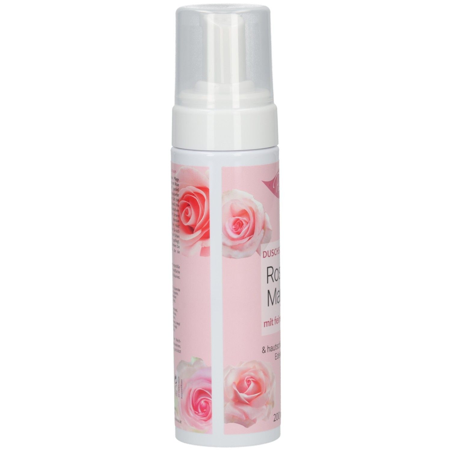 Rosa Flasche mit weißem Sprühkopf. Aufschrift: Duschschaum Rosen Magie mit feiner Rose & hautschützendem Edelweiß. Rosen-Illustrationen.