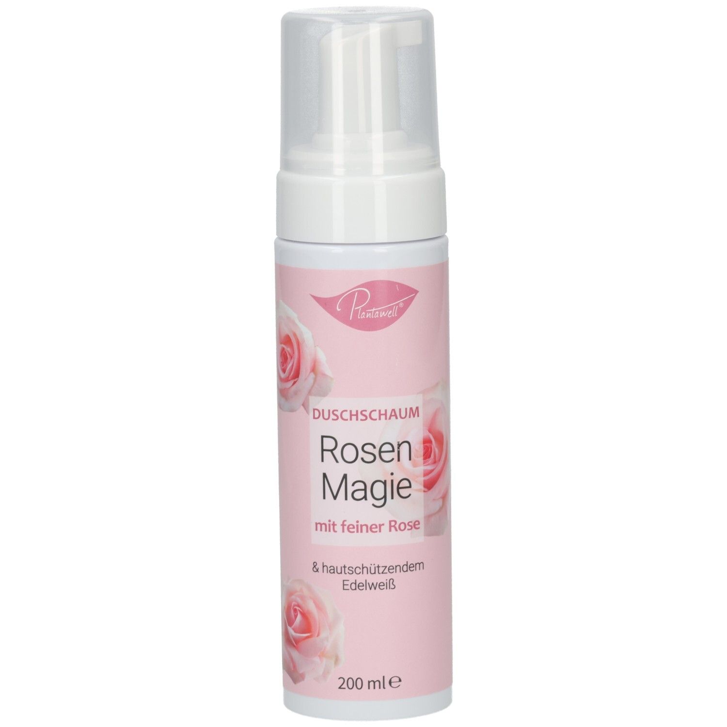 Rückseite einer rosa Flasche mit weißem Sprühkopf. Text: Produktinformationen, Inhaltsstoffe, Herstelleradresse, Barcode.