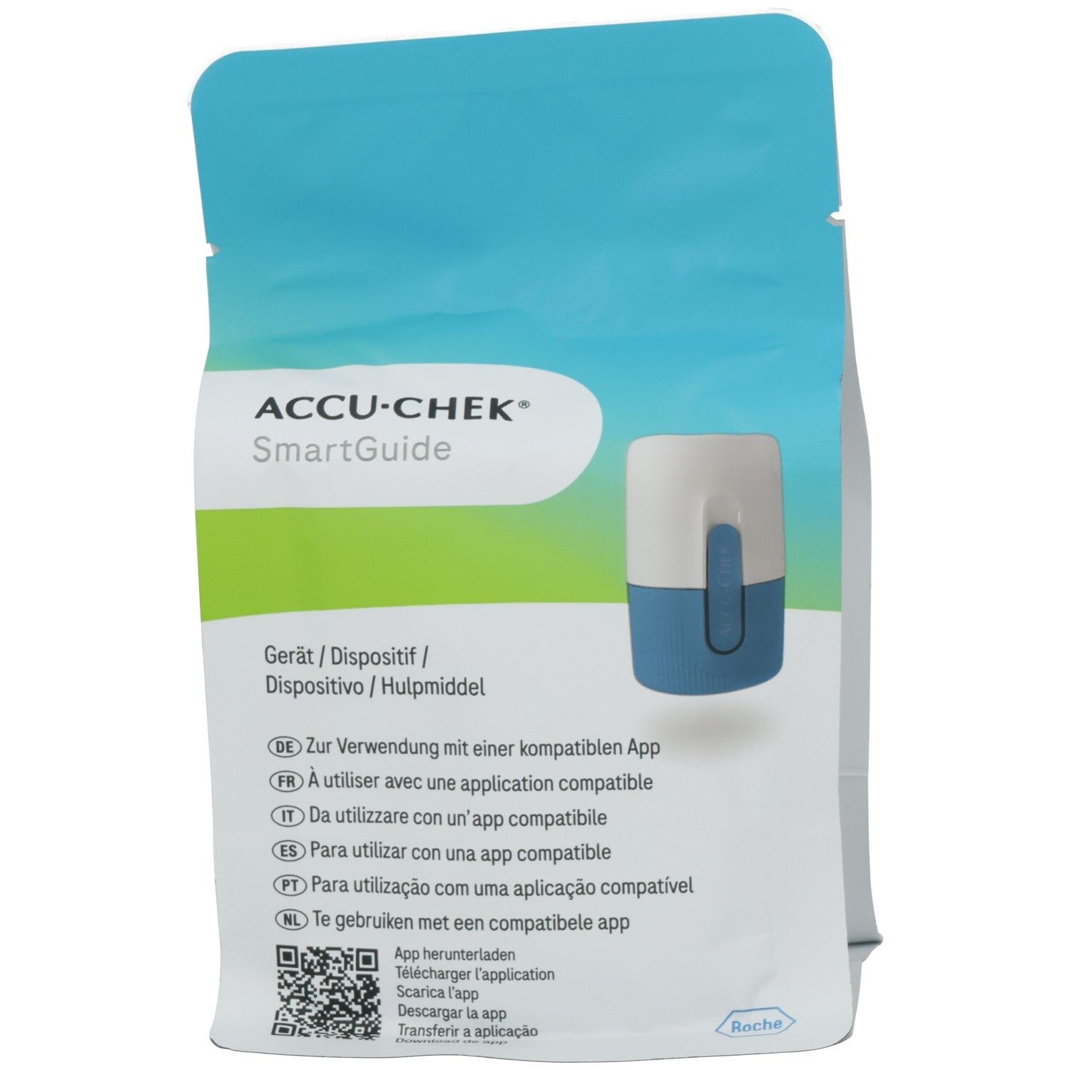 Verpackung mit ACCU-CHEK SmartGuide. Blau-weißes Gerät. Mehrsprachiger Text, QR-Code.