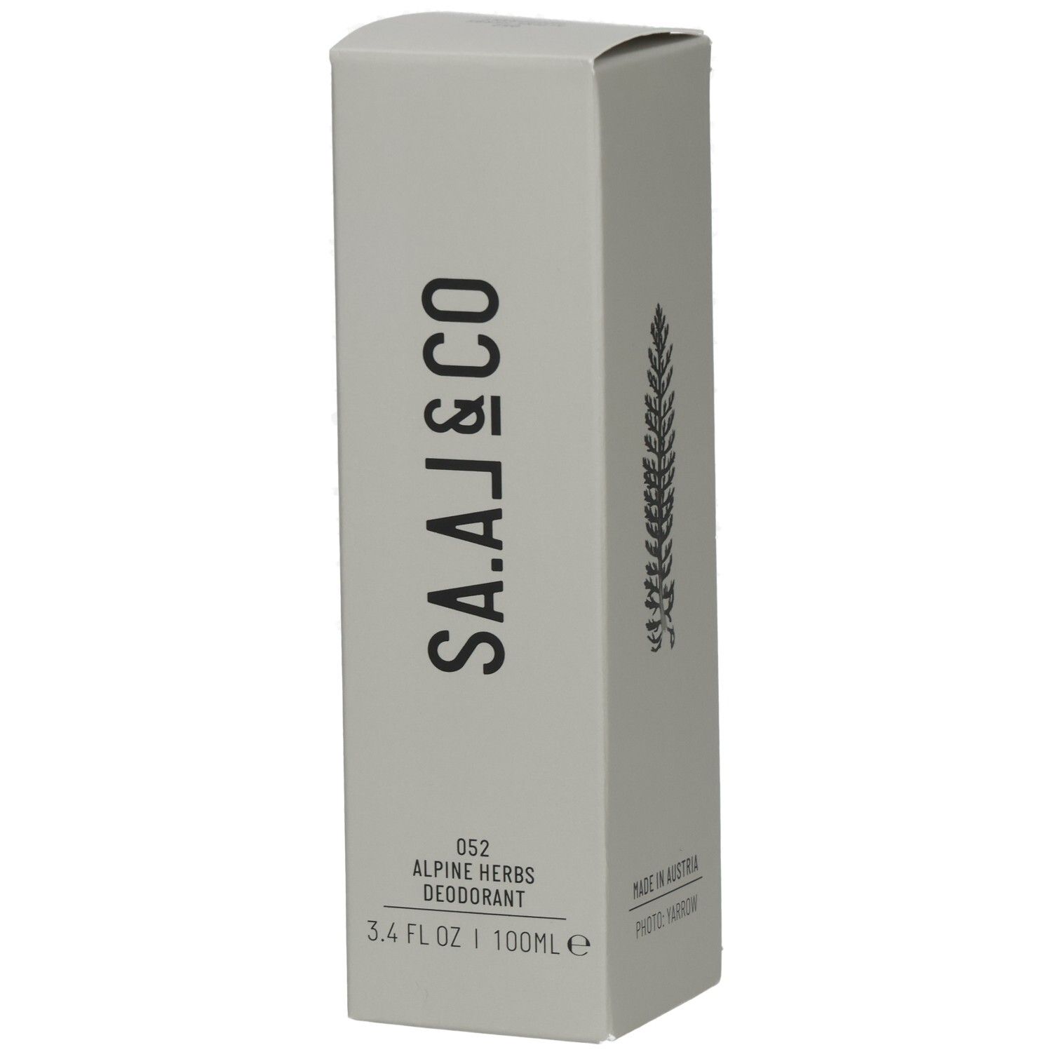 Graue rechteckige Schachtel. SA.AJ&CO Logo. 052 Alpine Herbs Deodorant. 3.4 FL OZ | 100ml. Hergestellt in Österreich.