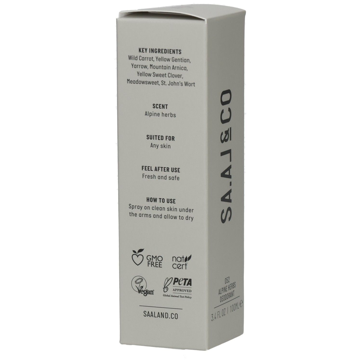 Rückseite der Schachtel. Inhaltsstoffe, Duft, für jede Haut geeignet, Anwendungshinweise. GMO-frei, Natrue-zertifiziert, PETA.