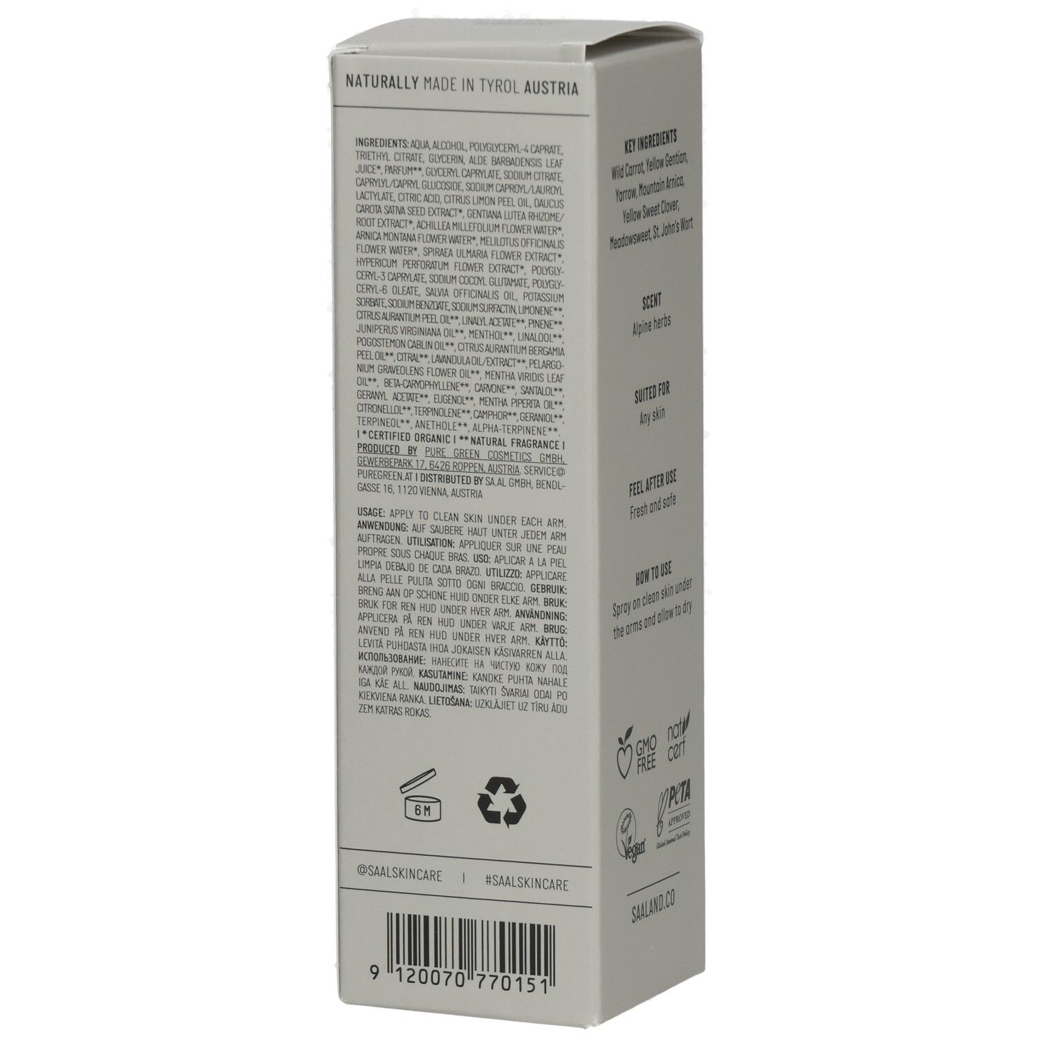 Rückseite der Schachtel. Inhaltsstoffe, Anwendungshinweise. Hergestellt in Tirol, Österreich. Barcode und Recycling-Symbole.