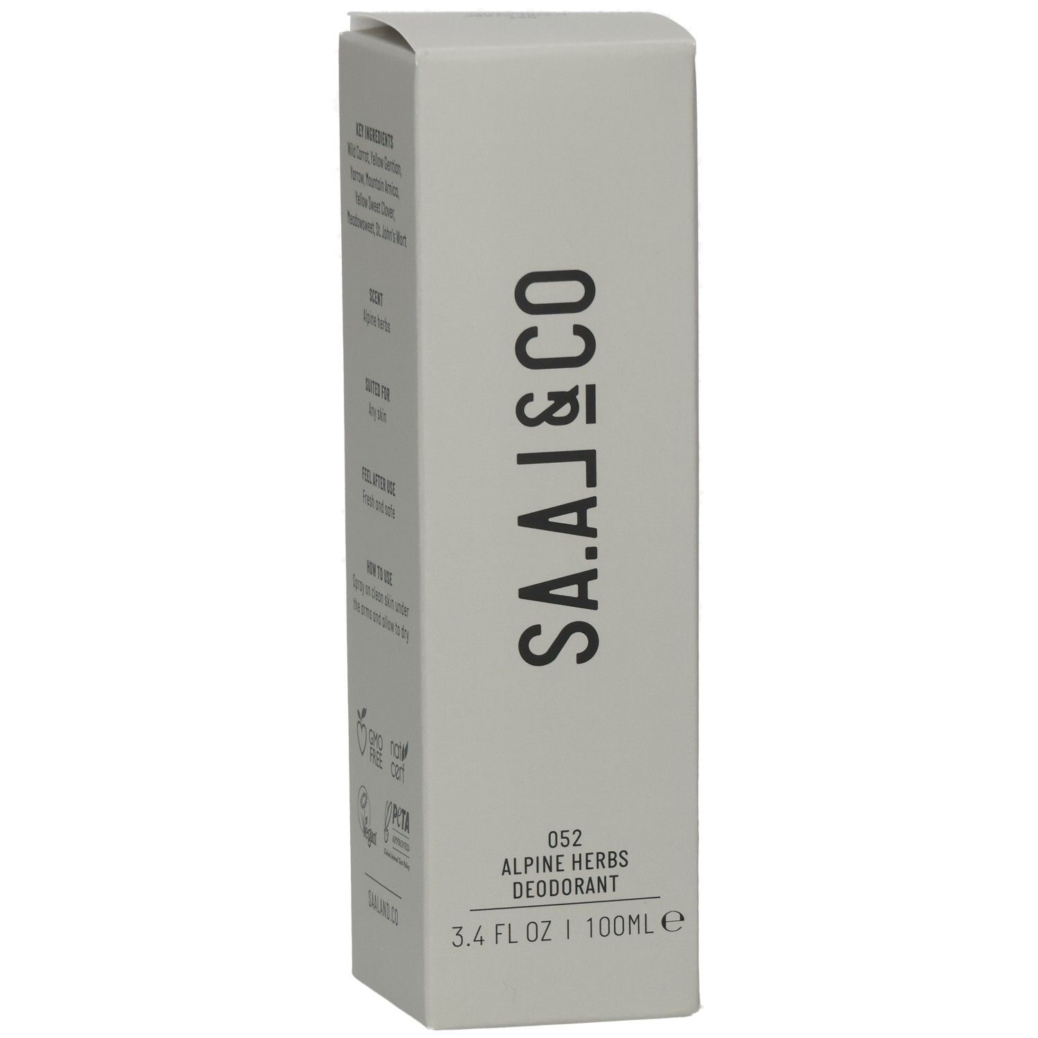 Graue Schachtel. SA.AJ&CO Logo. 052 Alpine Herbs Deodorant. 3.4 FL OZ | 100ml. PETA-Logo.