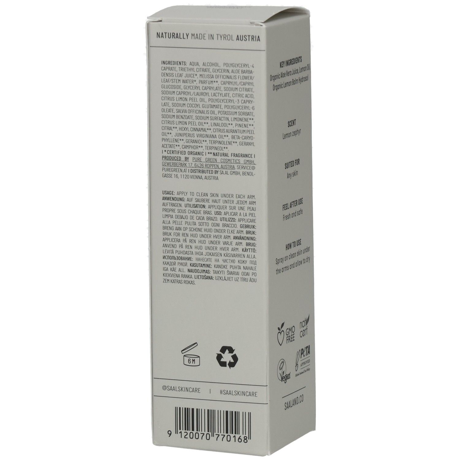 Graue Verpackung mit Text: Naturally made in Tyrol Austria, Inhaltsstoffe, Anwendungshinweise, Recycling-Symbol. Barcode und SAALAND.CO.