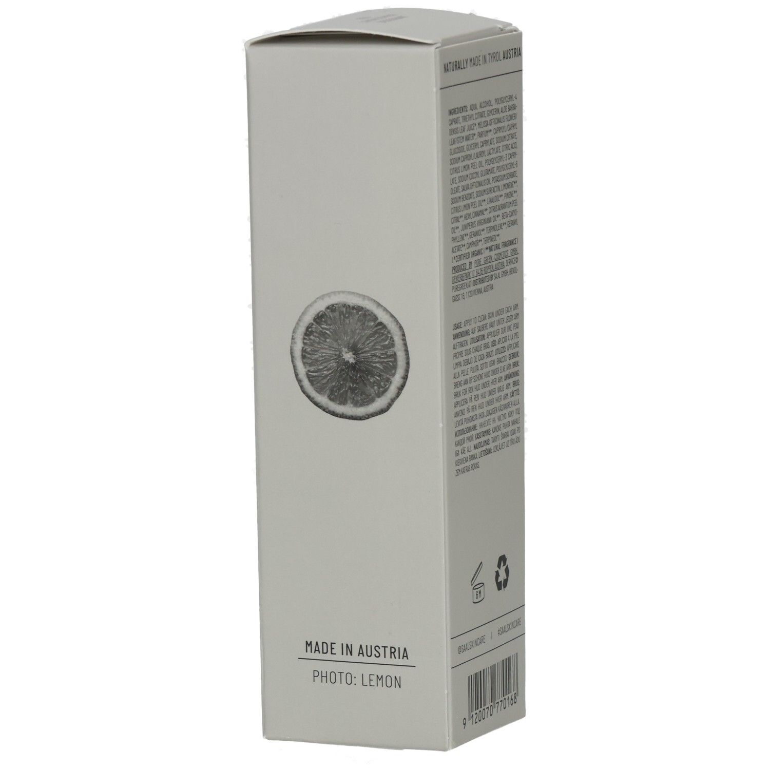 Graue Verpackung mit Text: Made in Austria, Photo: Lemon. Rückseite mit Inhaltsstoffen und Anwendungshinweisen. Zitrone-Illustration.