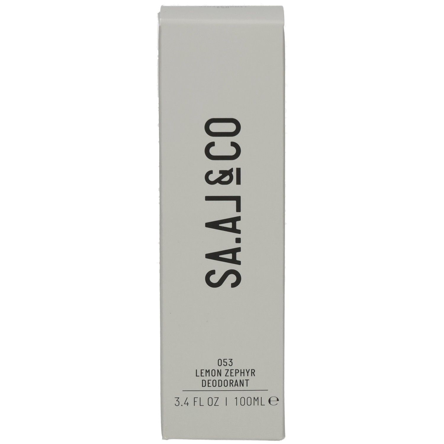 Graue rechteckige Verpackung mit dem Logo SA.AJ&CO. Aufschrift: 053 Lemon Zephyr Deodorant. 3.4 FL OZ | 100ml e.