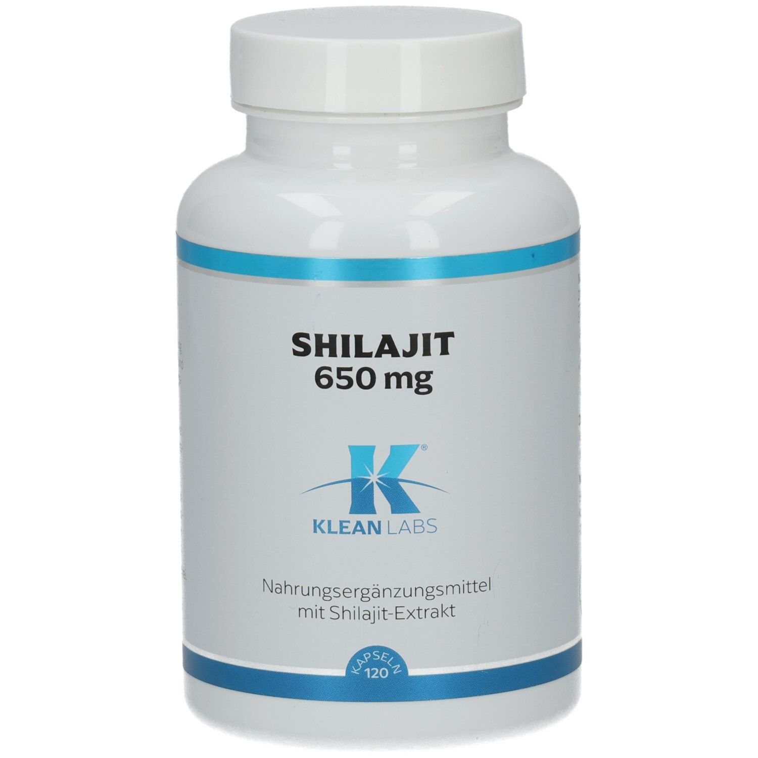 Weiße Flasche mit blauem Streifen. Aufschrift: Shilajit 650 mg, Klean Labs. 120 Kapseln.