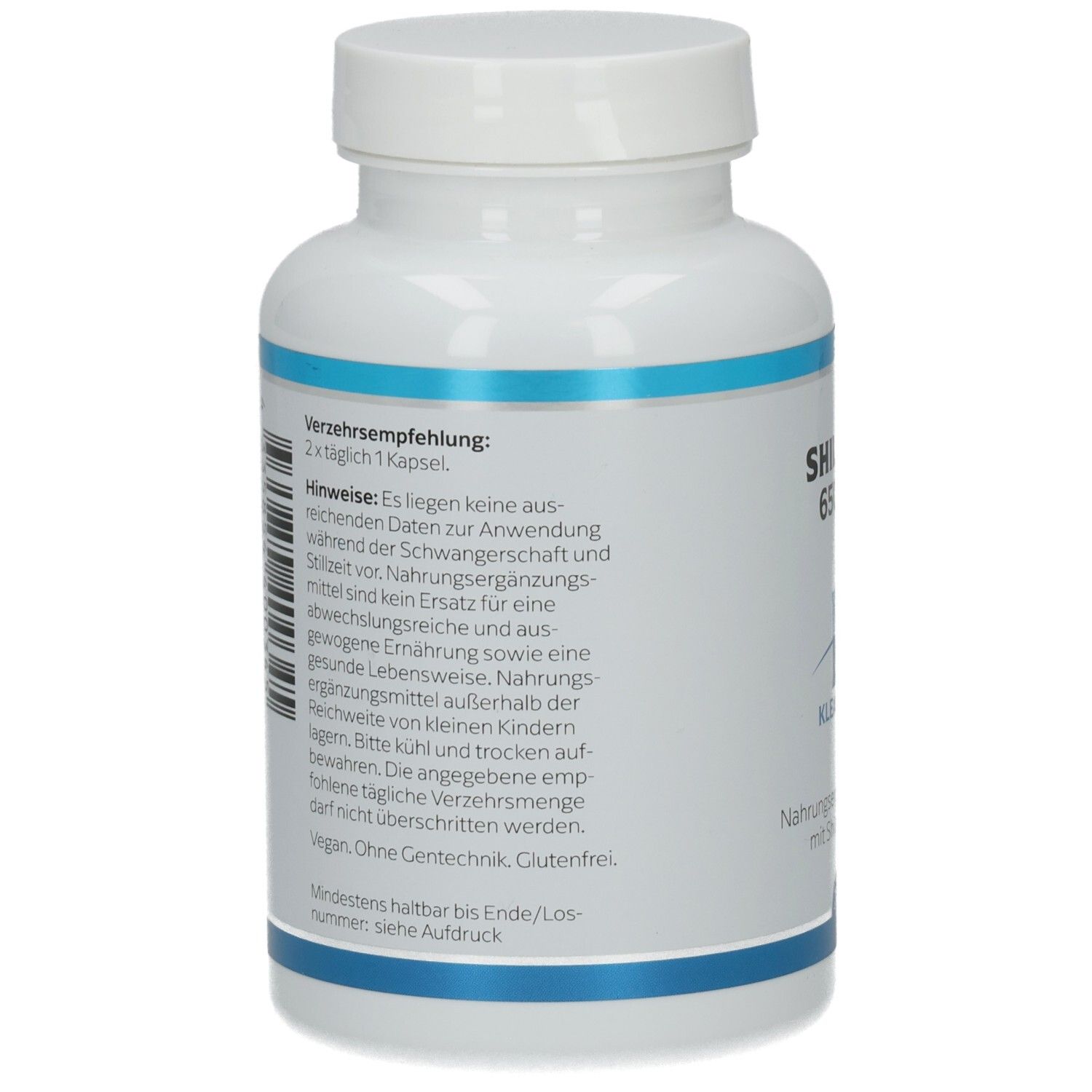 Rückseite der Flasche. Text: Verzehrsempfehlung, Hinweise, Vegan, Glutenfrei. Mindesthaltbarkeit.