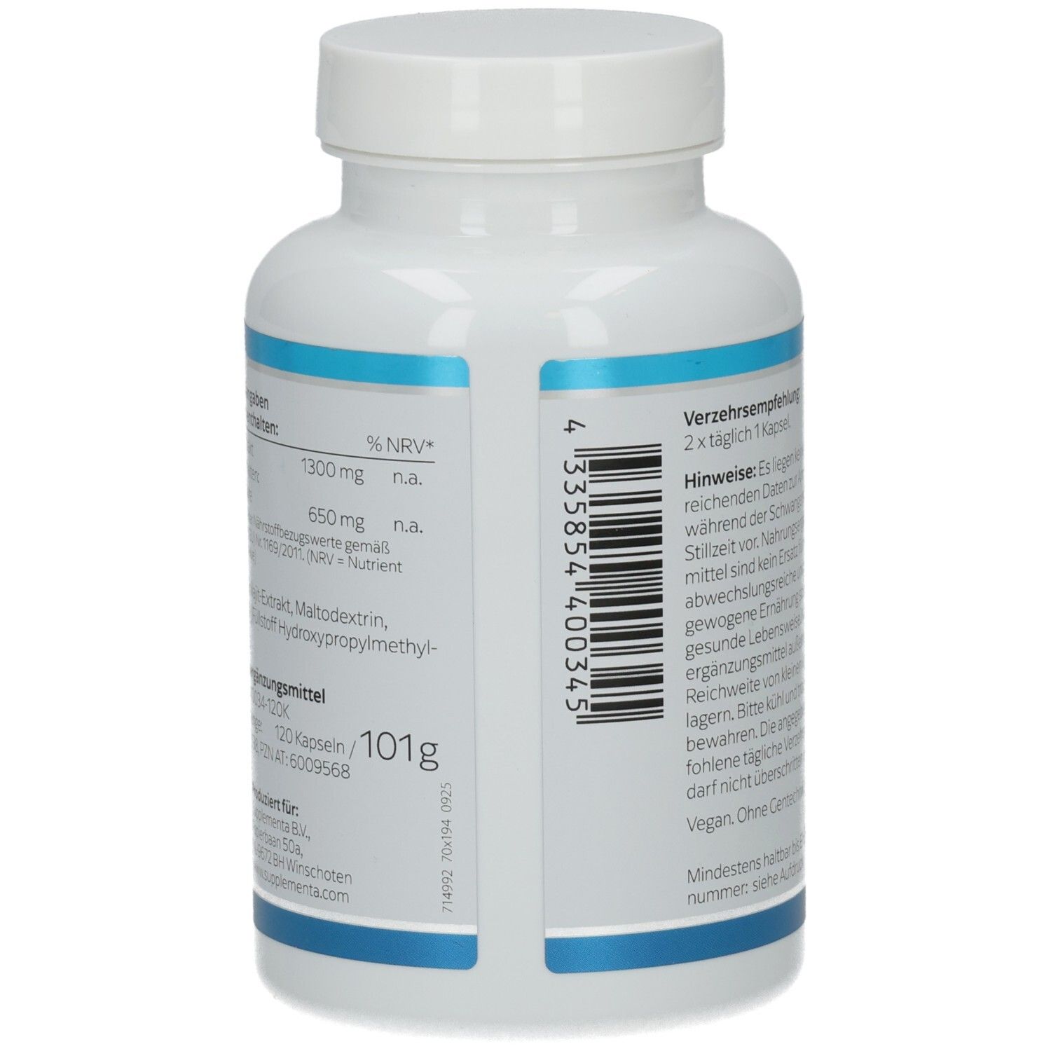 Rückseite der Flasche. Text: Nährwertangaben, Zutaten, Nettomenge 101g, Chargennummer, Vegan.