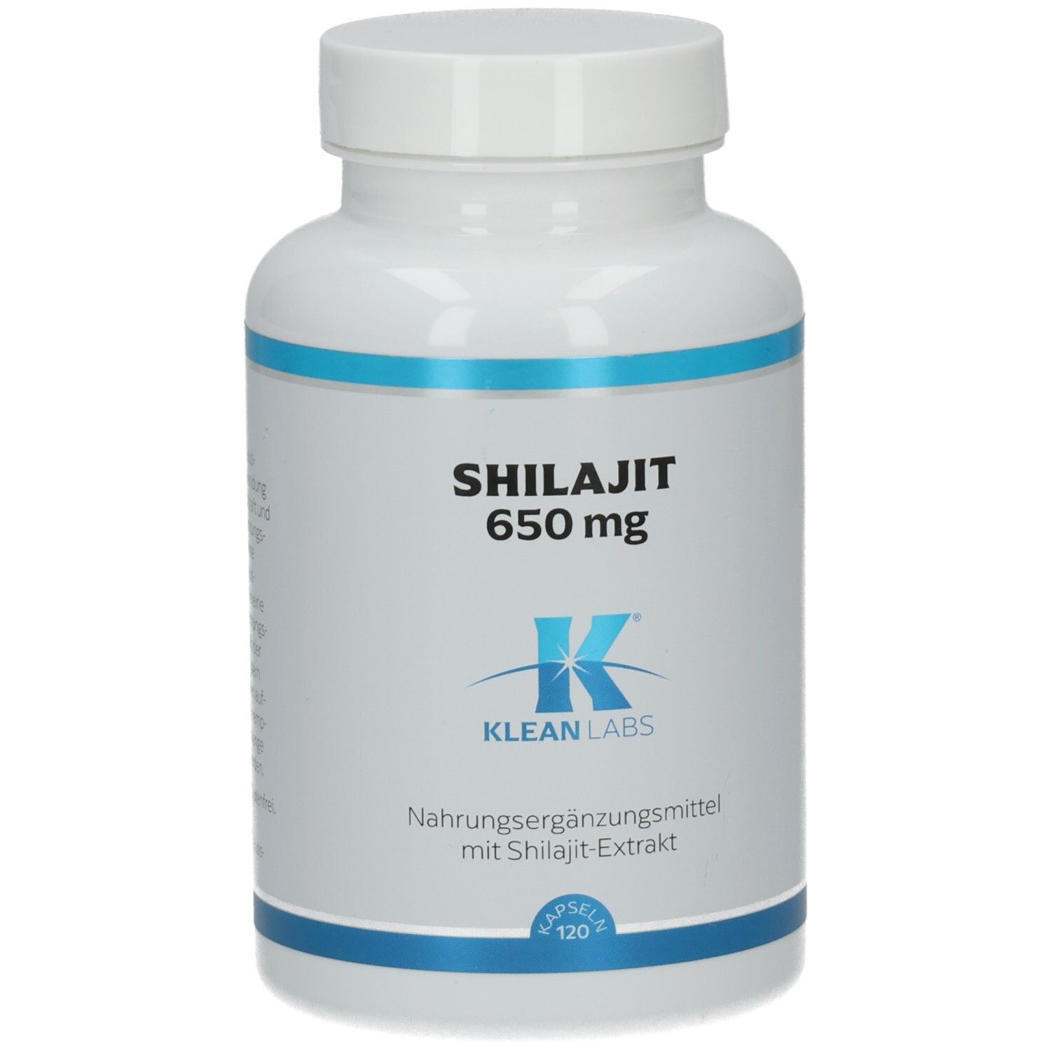 Weiße Flasche mit blauem Streifen. Aufschrift: Shilajit 650 mg, Klean Labs. 120 Kapseln.
