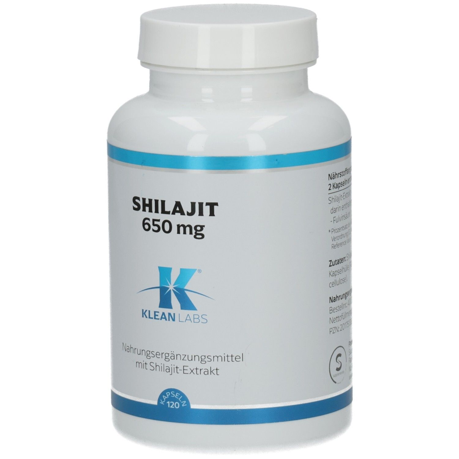 Weiße Flasche mit blauem Streifen. Aufschrift: Shilajit 650 mg, Klean Labs. 120 Kapseln.