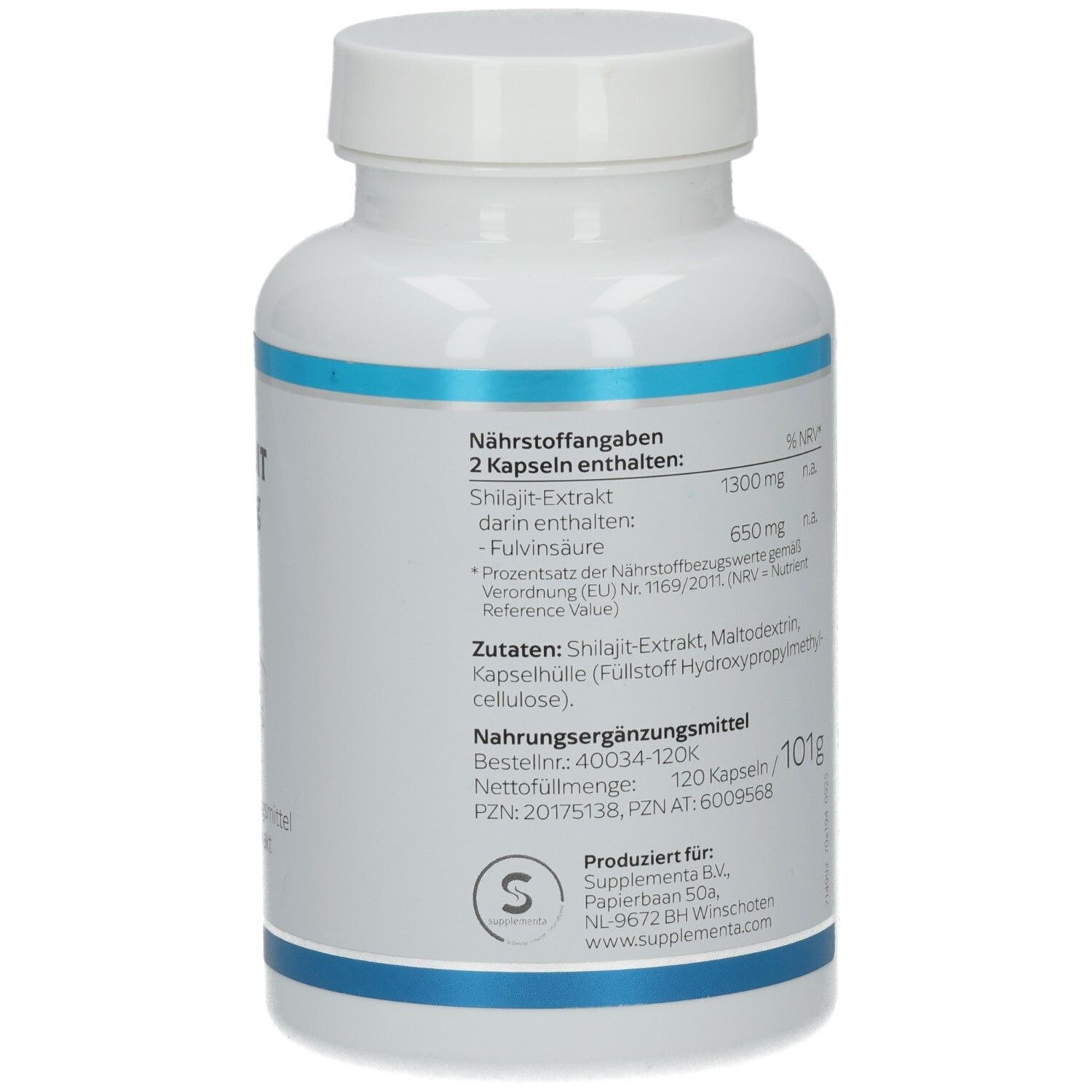 Rückseite der Flasche. Text: Nährwertangaben, Zutaten, Nettomenge 101g, Chargennummer, Vegan.