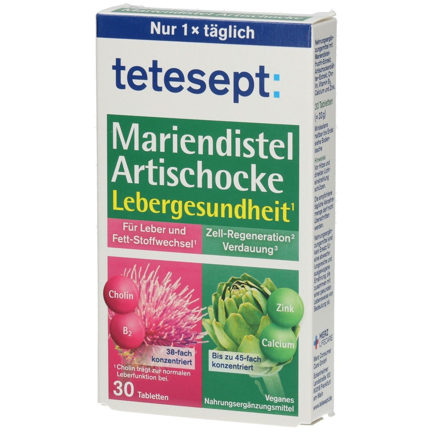 Verpackung von tetesept® Mariendistel Artischocke Tabletten. Grün-weiß-rosa Design. Enthält 30 Tabletten. Vegan.