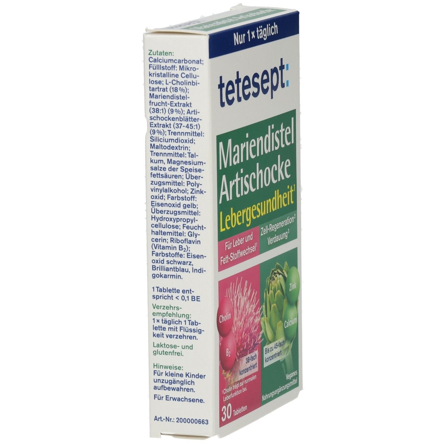 Verpackung von tetesept® Mariendistel Artischocke Tabletten. Detailansicht der Zutatenliste und Inhaltsstoffe.