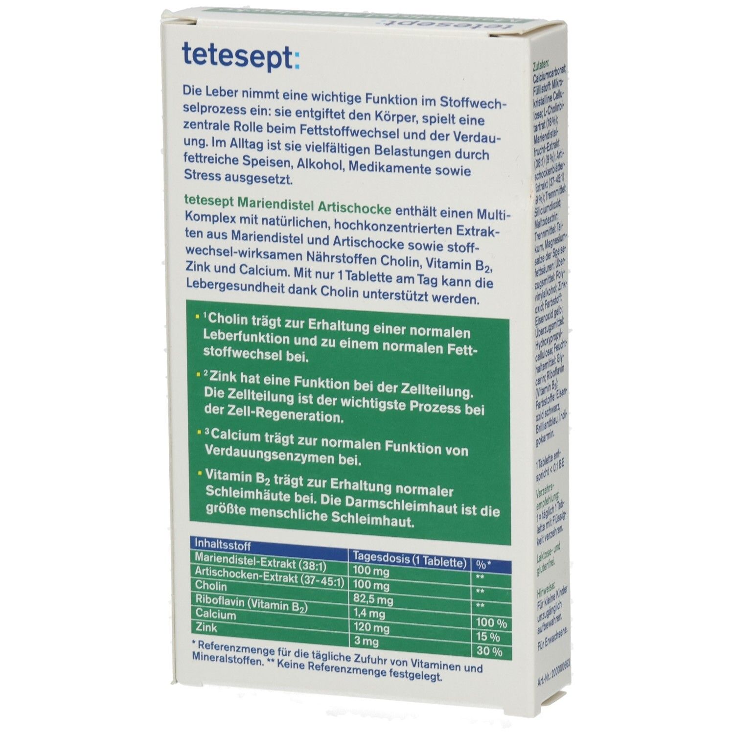 Rückseite der Verpackung von tetesept® Mariendistel Artischocke Tabletten. Textinformationen und Nährwertangaben.